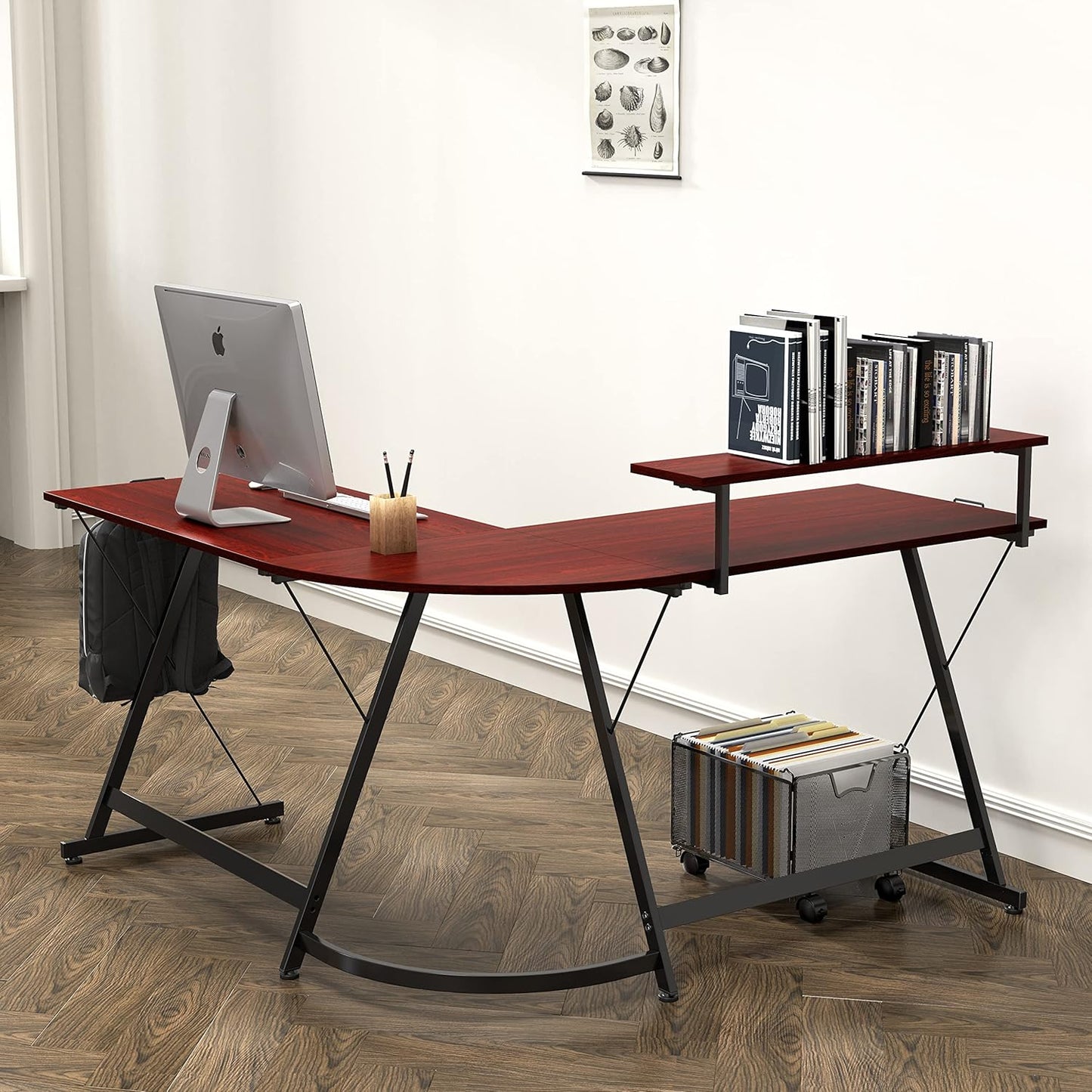 SHW 51 x 51 Inches Vista L-Shaped Desk with Monitor Stand and Drawer, Cherry
