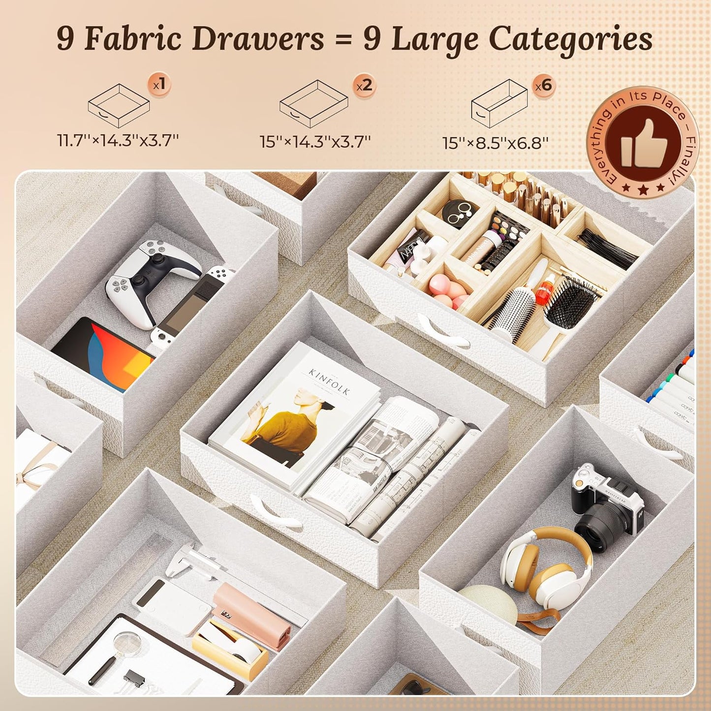 PRAISUN 47 Inch Office Desk with Outlets, Computer Desk with 9 Fabric Drawers, Writing Gaming Work Study Desk for Bedroom, Living Room, Home Office, Large Storage, White