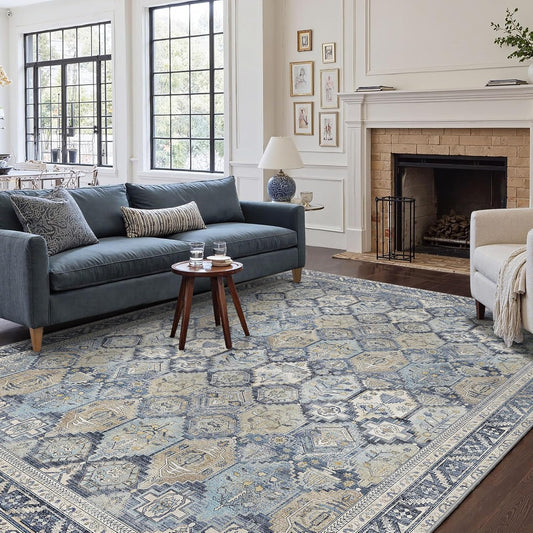 GENIMO 5x7 Area Rugs for Living Room, Machine Washable Non Slip Vintage Rugs, Low Pile Lightweight Chenille Print Rug for Bedroom, Dining Room, Home Office, Brown Blue