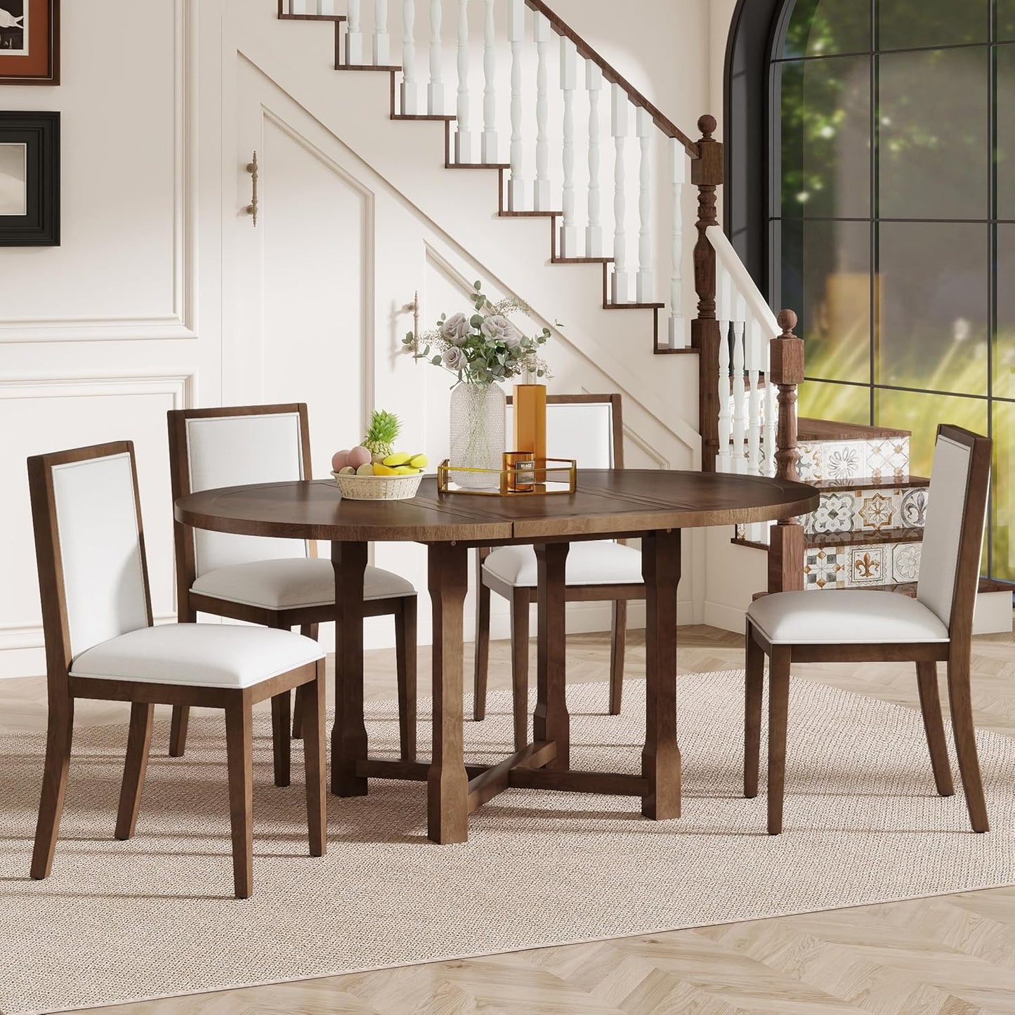 Ball & Cast Farmhouse 5 Pieces Dining Table Set with 4 Upholstered Chairs,Wooden Living Room Furniture for 4 W/ 57.7" Extendable Dining Table,Easy Assemble&Clean,for Dining Room,Bistro,Apartment,Brown