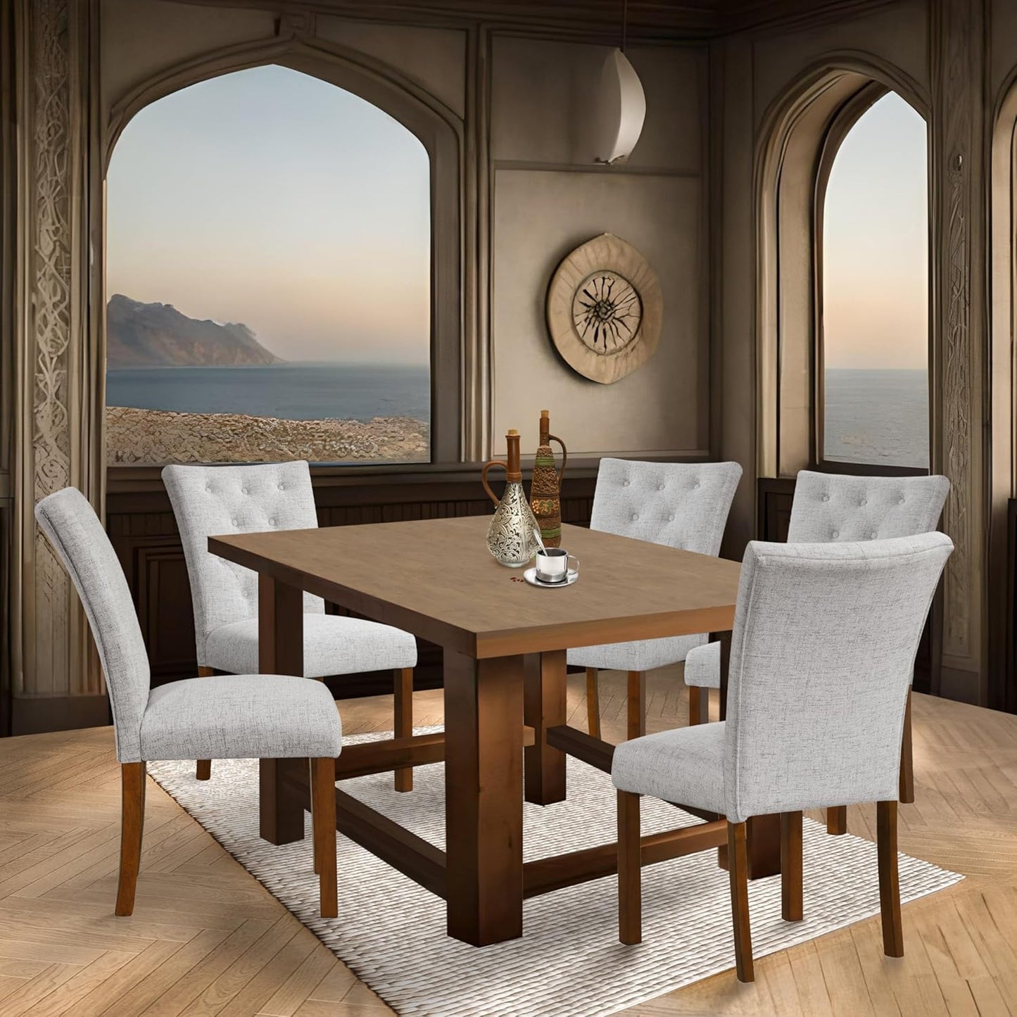 HomePop Button Tufted Fabric Dining Chairs - Neutral Textured Solid Woven (Set of 2)