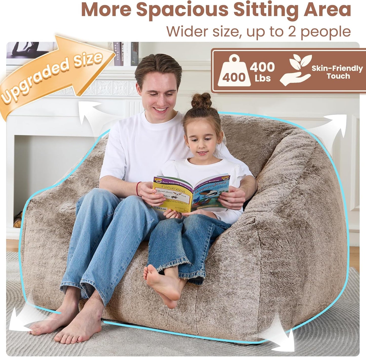 Bean Bag Chairs for Adults, Giant Beanbag Sofa Comfy Reading Chair, Oversized Bean Bag Chairs for Living Room Bedroom, Soft Faux Fur Fabric, 3.2FT, Khaki, Plush