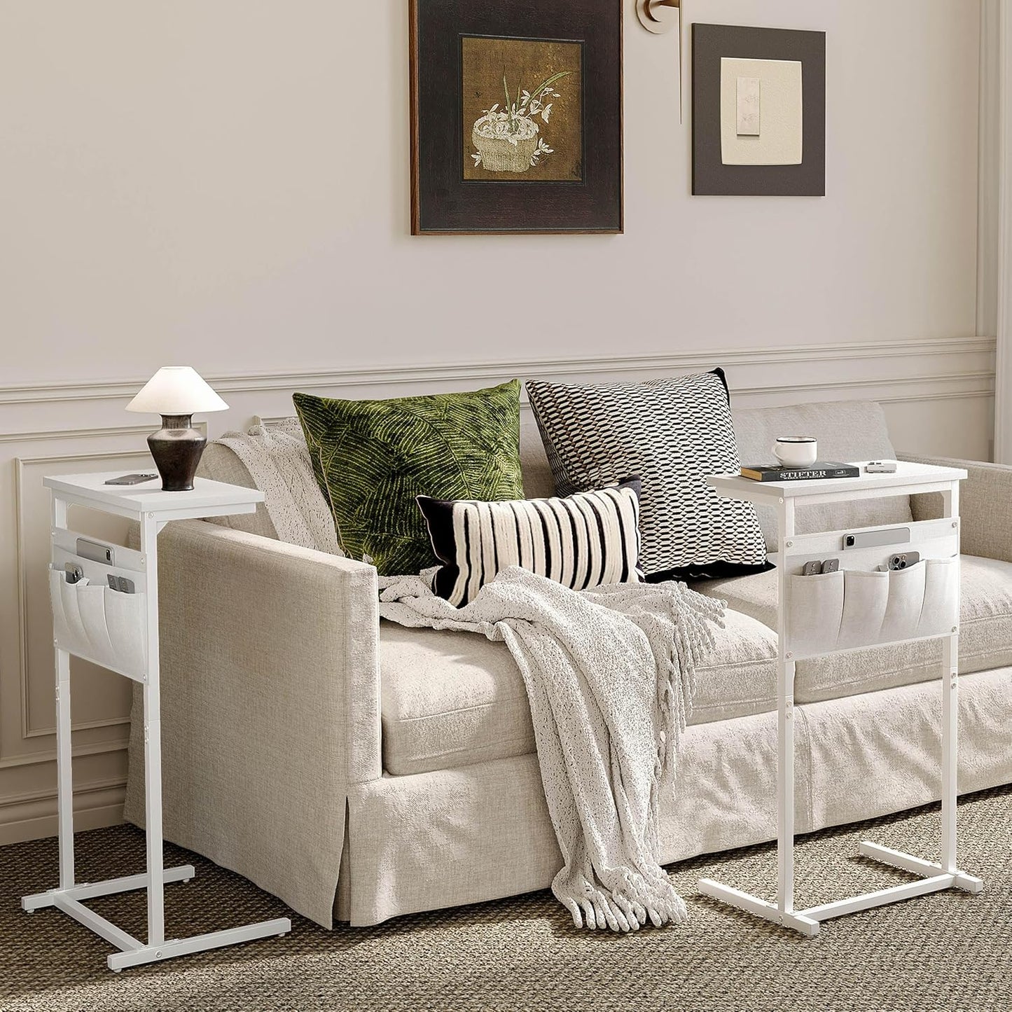 C Shaped End Table, Side Table for Sofa, Small TV Tray, Couch Table with Storage Bag for Small Space, Living Room, Bedroom, Home Office LET501W (White)