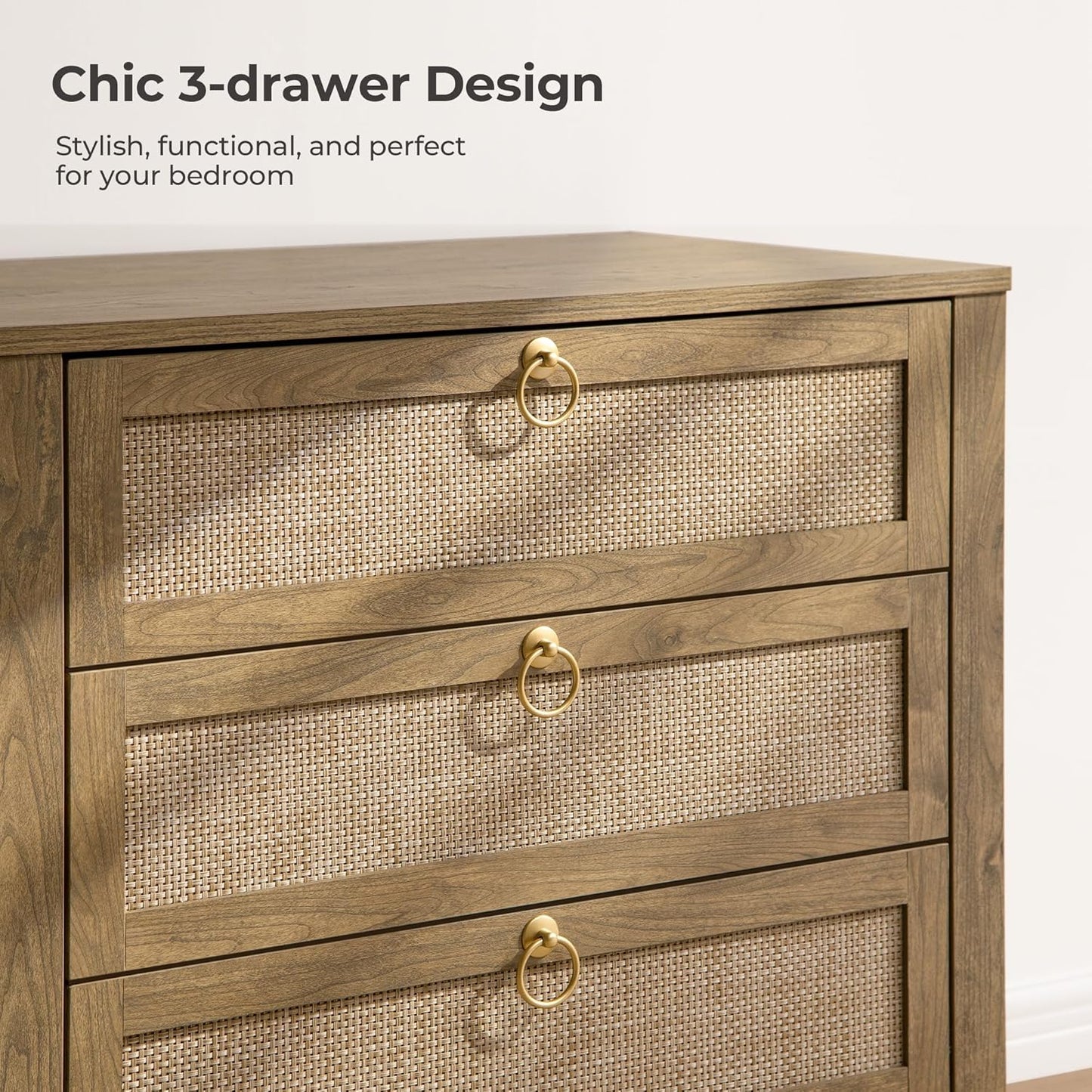 SICOTAS Nightstand Set 2 with Drawers - Large Rattan Bedside Table with Golden Handle, 3 Drawers Night Stand Tall End Table 26.78" Wide Side Table Boho Nightstand for Bedroom