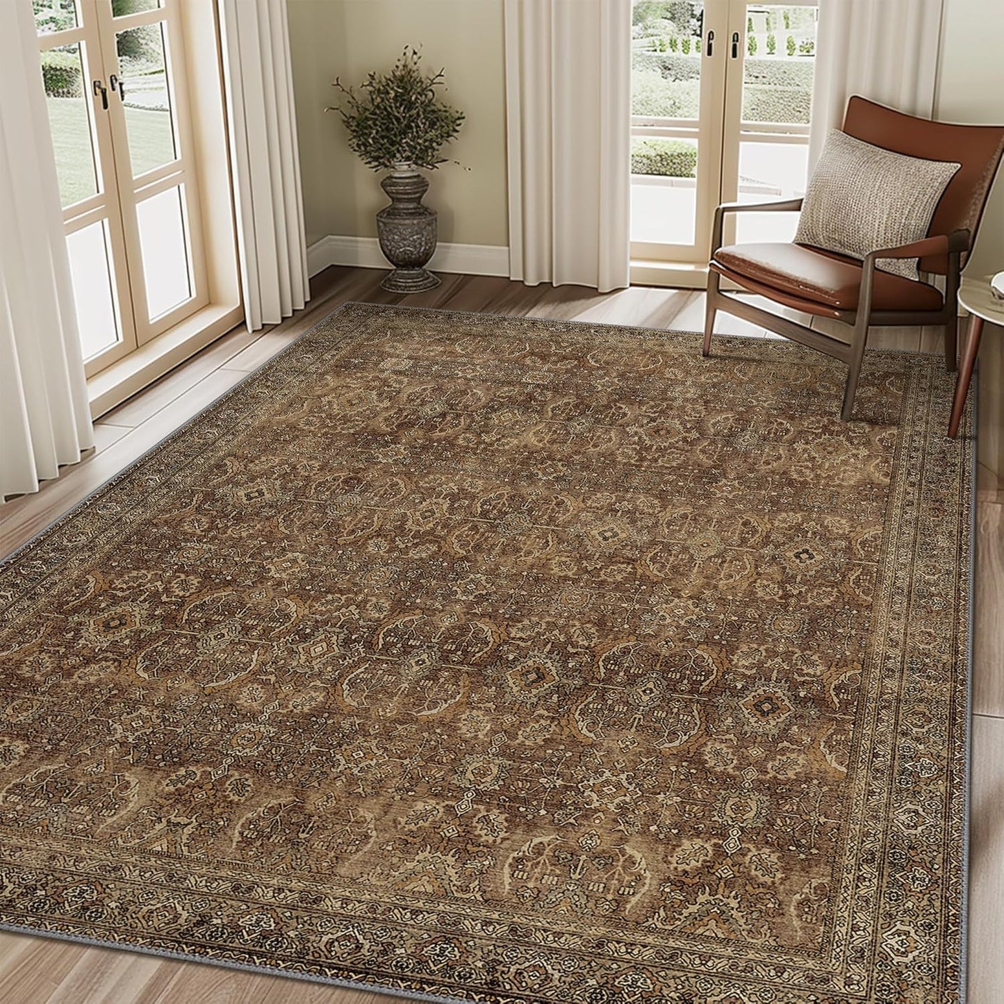 9X12 Area Rugs Machine Washable Rugs for Living Room, Vintage Boho Large Rugs for Bedroom Dining Room, Non Slip Indoor Soft Distressed Lightweight Thin Low Pile Carpet, Rustic Brown