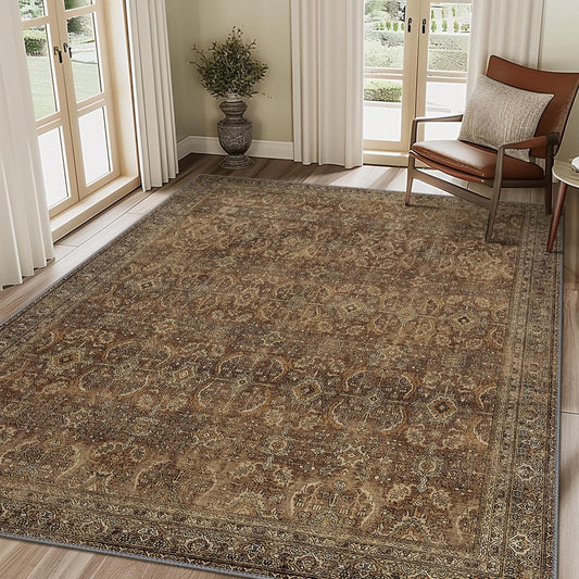 6X9 Area Rugs Machine Washable Rugs for Living Room, Vintage Boho Large Rugs for Bedroom Dining Room, Non Slip Indoor Soft Distressed Lightweight Thin Low Pile Carpet, Rustic Brown