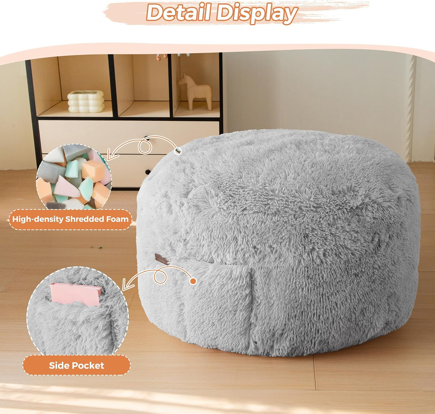 MAXYOYO Kids Bean Bag Chair, Stuffed Faux Fur Bean Bag for Toddler, Ultra Soft Floor Sofa with High-Density Foam Filling, Lazy Chair for Living Room, Playroom, Nursery Room