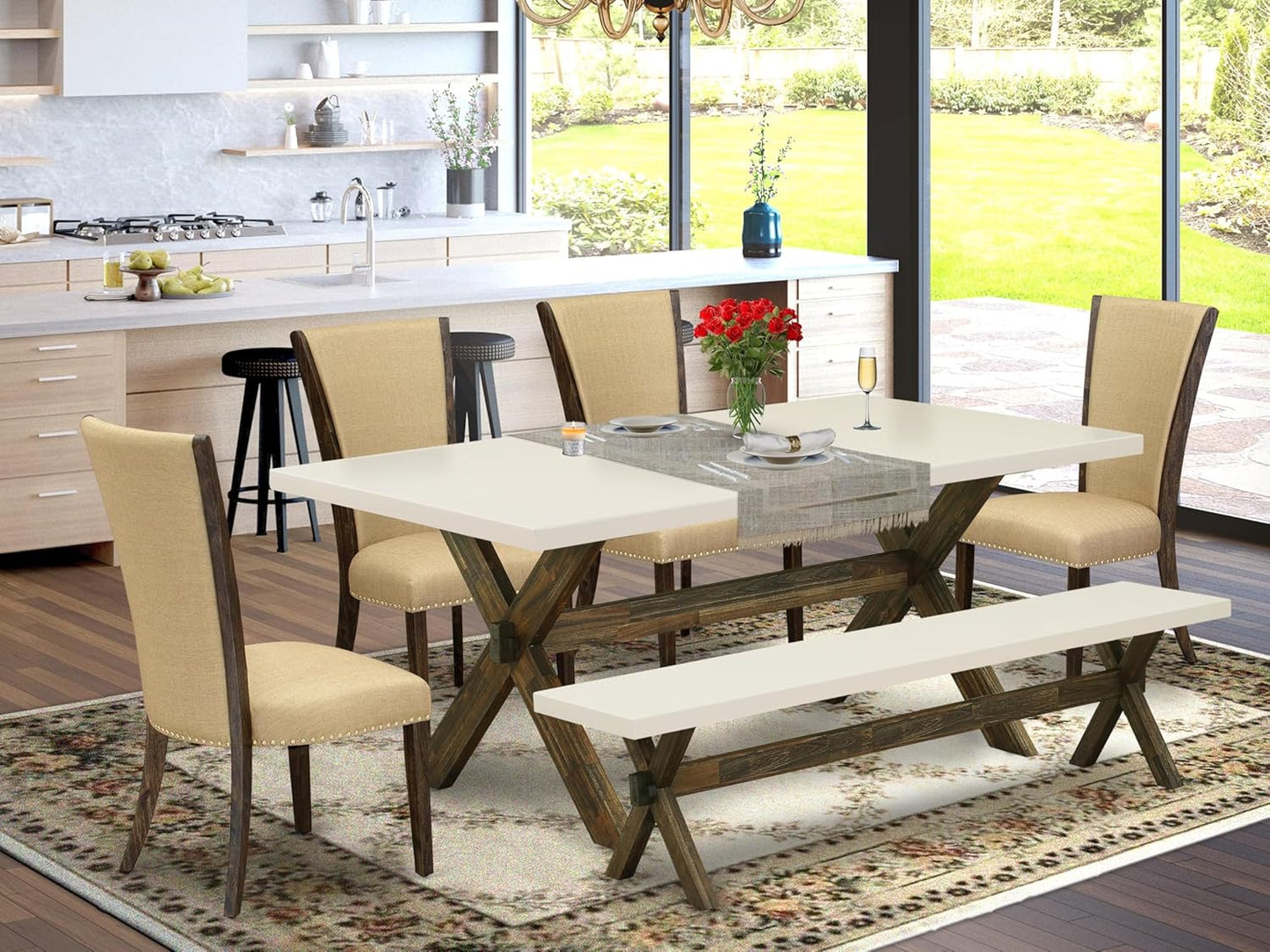 East West Furniture X727VE703-6 6 Piece Dining Room Table Set Contains a Rectangle Kitchen Table with X-Legs and 4 Brown Linen Fabric Parson Chairs with a Bench, 40x72 Inch, Multi-Color