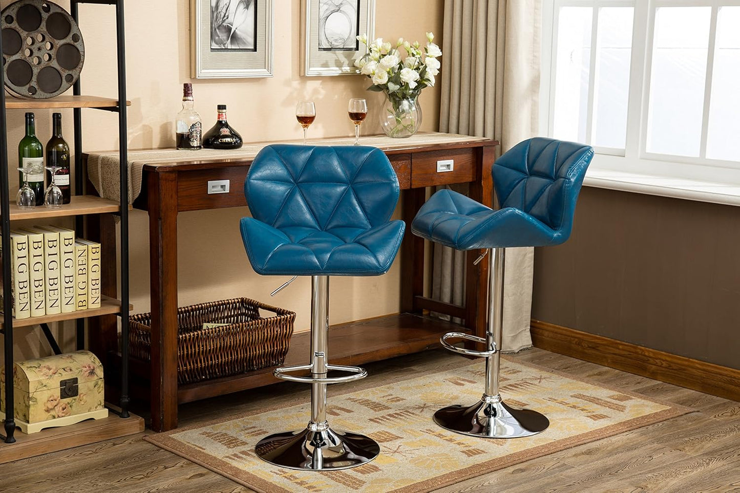 Roundhill Furniture Glasgow Contemporary Tufted Adjustable Height Hydraulic Blue Bar Stools, Set of 2,