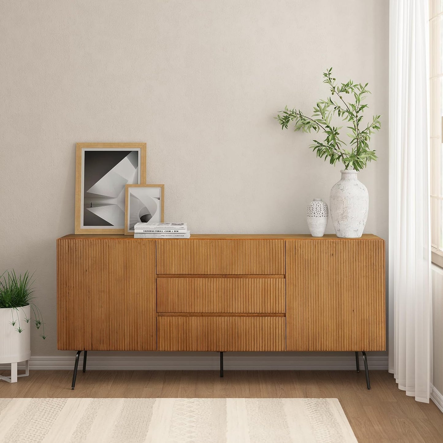 NTC Veil Sideboard with 2 Doors and 3 Drawers, Buffet Cabinet with Vertical Groove Design and Metal Legs, Storage Cabinet for Living Room, and Entryway, Effortless Assembly, Teak Look