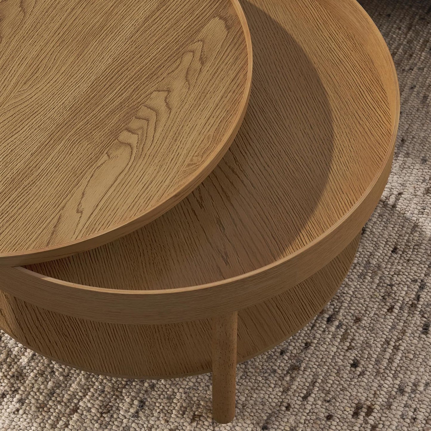 Round Coffee Table,Living Room Table with 3 Tiers 31.5 Inch Storage Pivoting Table with 3 Tiers, Made Entirely of Rubberwood and MDF Board (Brown 31.5" x 31.5" x 17.75")