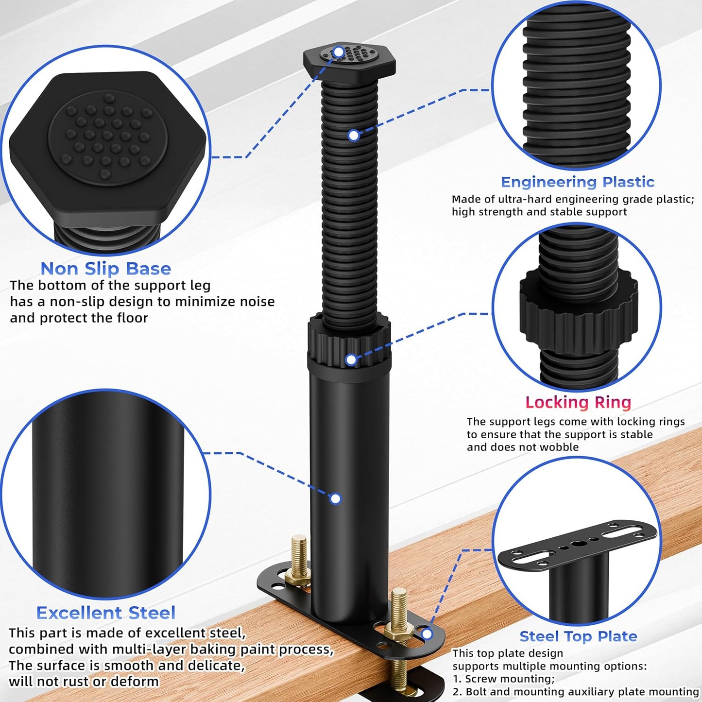 6 Pcs Adjustable Height Bed Support Legs 7.08-12.5 inch with Locking Ring, Bed Frame Center Support Legs for Bed Frame/Bed Center Slat/Furniture, Bed Legs Replacement Bed Slats Support Legs