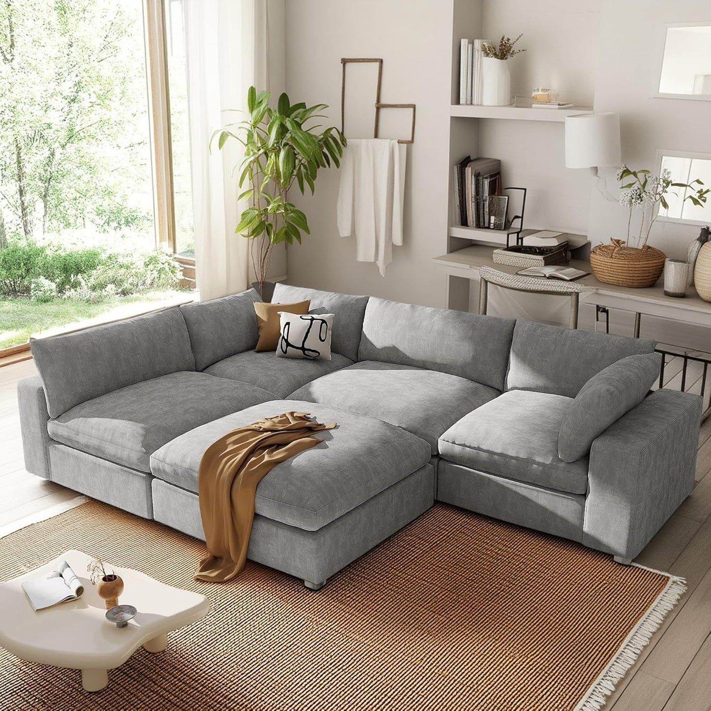 176.4 Inch L Shaped Modular Sectional Sofa with Removable Ottoman, 5-Seater Oversized Deep Seat Corner Couch for Living Room, Apartment, Office, Spacious Space, Grey