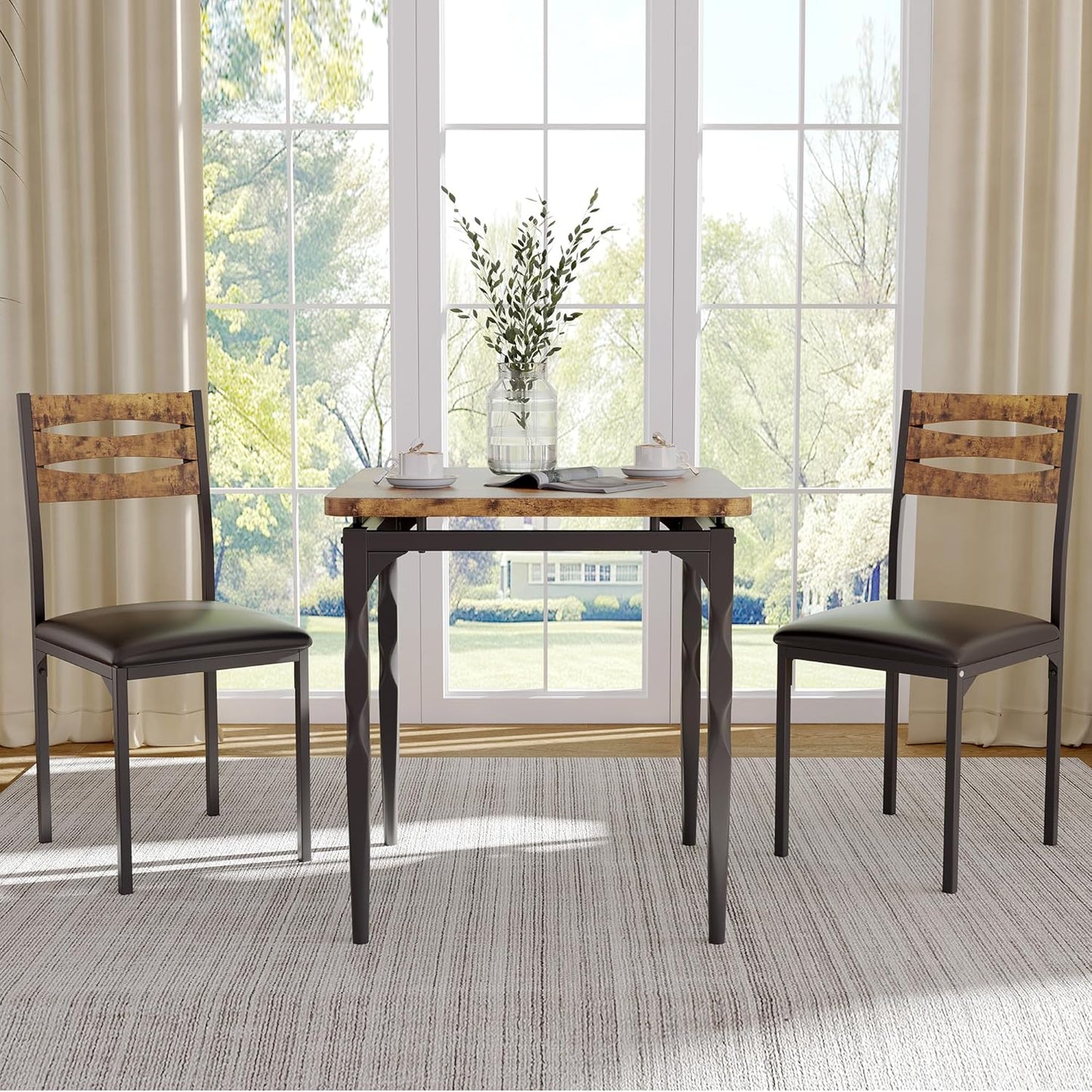 GarveeHome Dining Table Set for 2, Dining Table and Chairs Set of 2, 3 Piece Dining Table Set with Spiral Table Legs for Small Spaces, Kitchen, Apartment, Brown