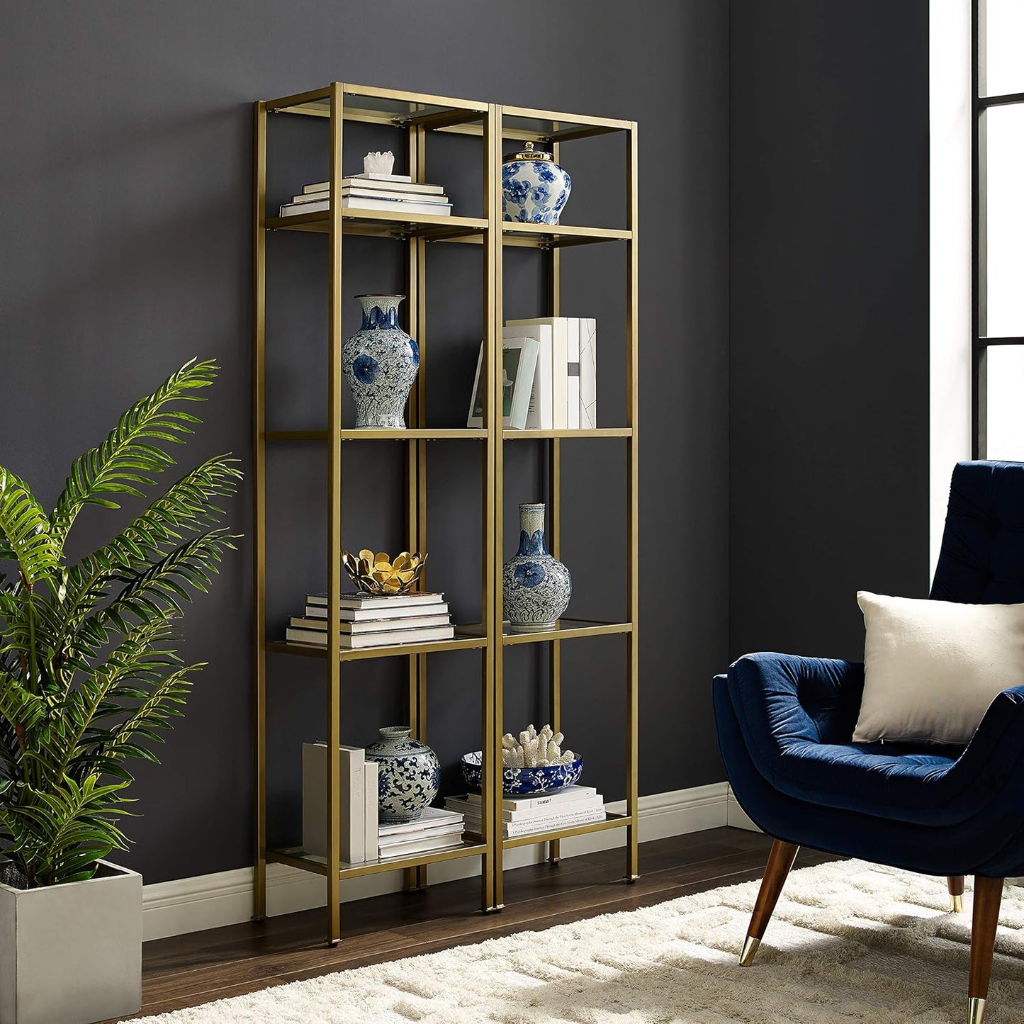 Crosley Furniture Aimee 2-Piece Bookshelf Set with Glass Shelves, Bookcase Storage, Gold and Glass