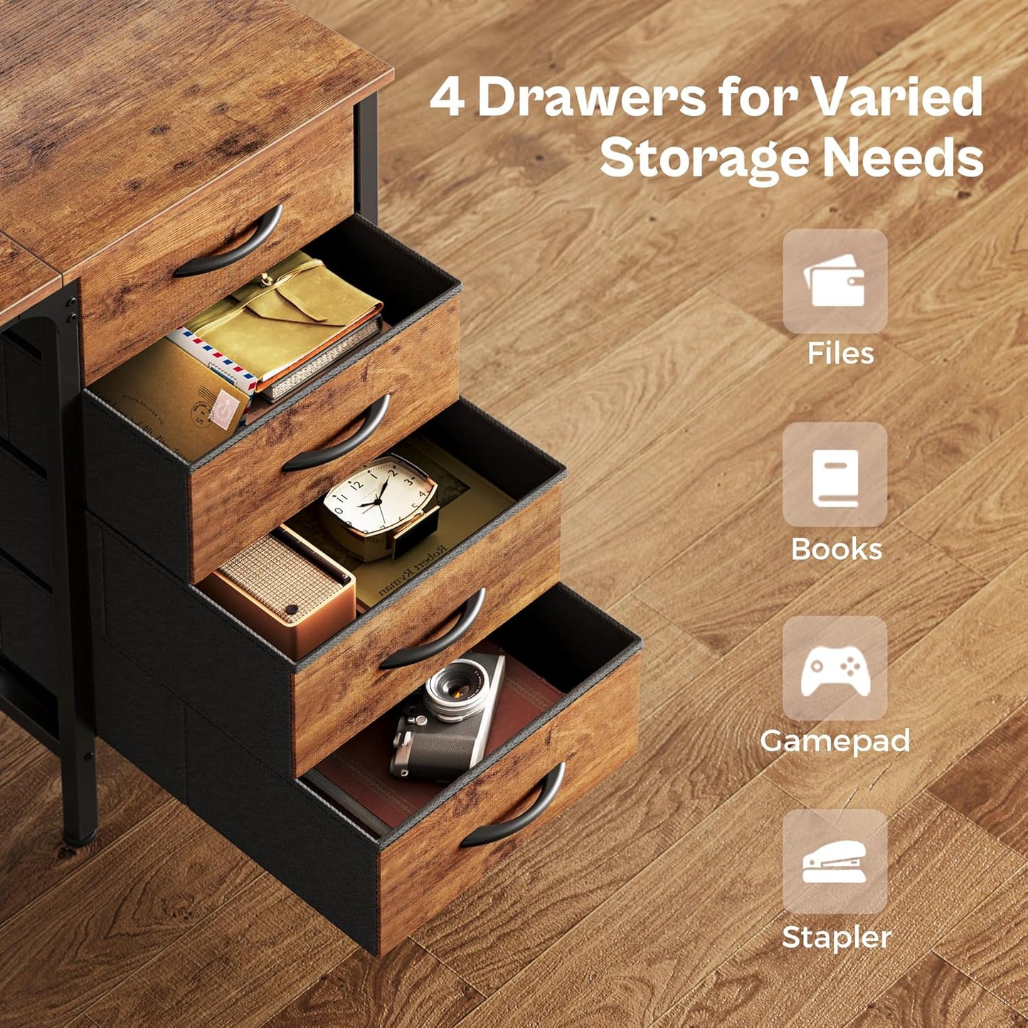 Huuger 55 Inch Computer Desk with 4 Drawers, Office Desk with Mesh Shelf, Gaming Desk, Large Storage, Writing Desk Work Desk for Home Office, Study, Bedroom, Work from Home, Rustic Brown