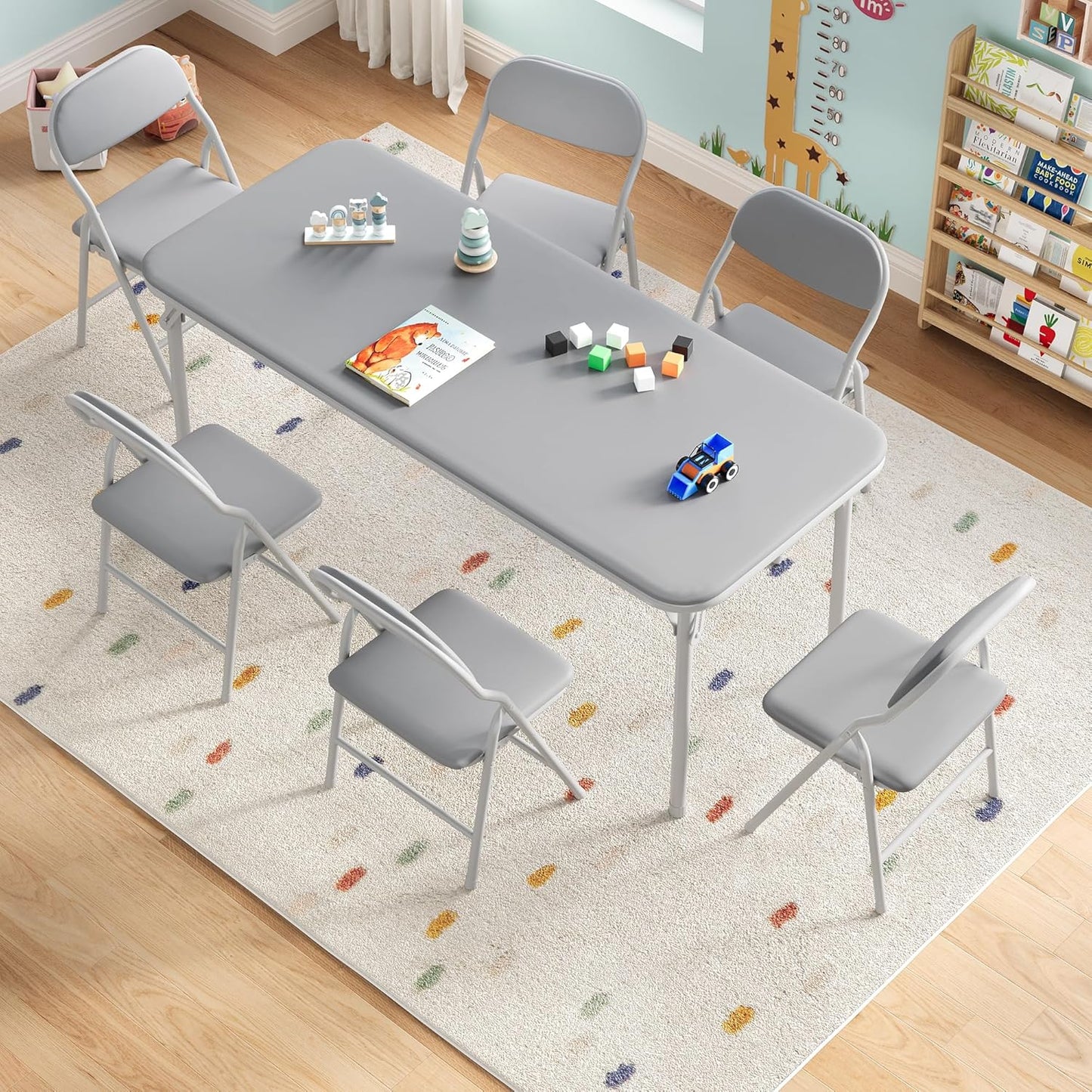 IDEALHOUSE 7 Piece Folding Kids Table and Chairs Set, Children Activity Table and Chairs Set for Dining Room,Daycare,Classrooms