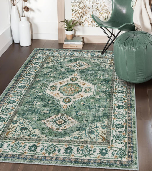 Lahome Oriental Machine Washable Rug, 3x5 Soft Green Rugs for Entryway Dorm, Non Slip Distressed Vintage Throw Carpet for Bedroom Living Room Entrance, Green/Multi