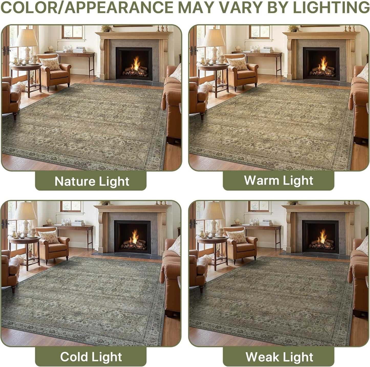 9X12 Area Rugs Machine Washable Rugs for Living Room, Vintage Boho Large Rugs for Bedroom Dining Room, Non Slip Indoor Soft Distressed Lightweight Thin Low Pile Carpet, Muted Sage