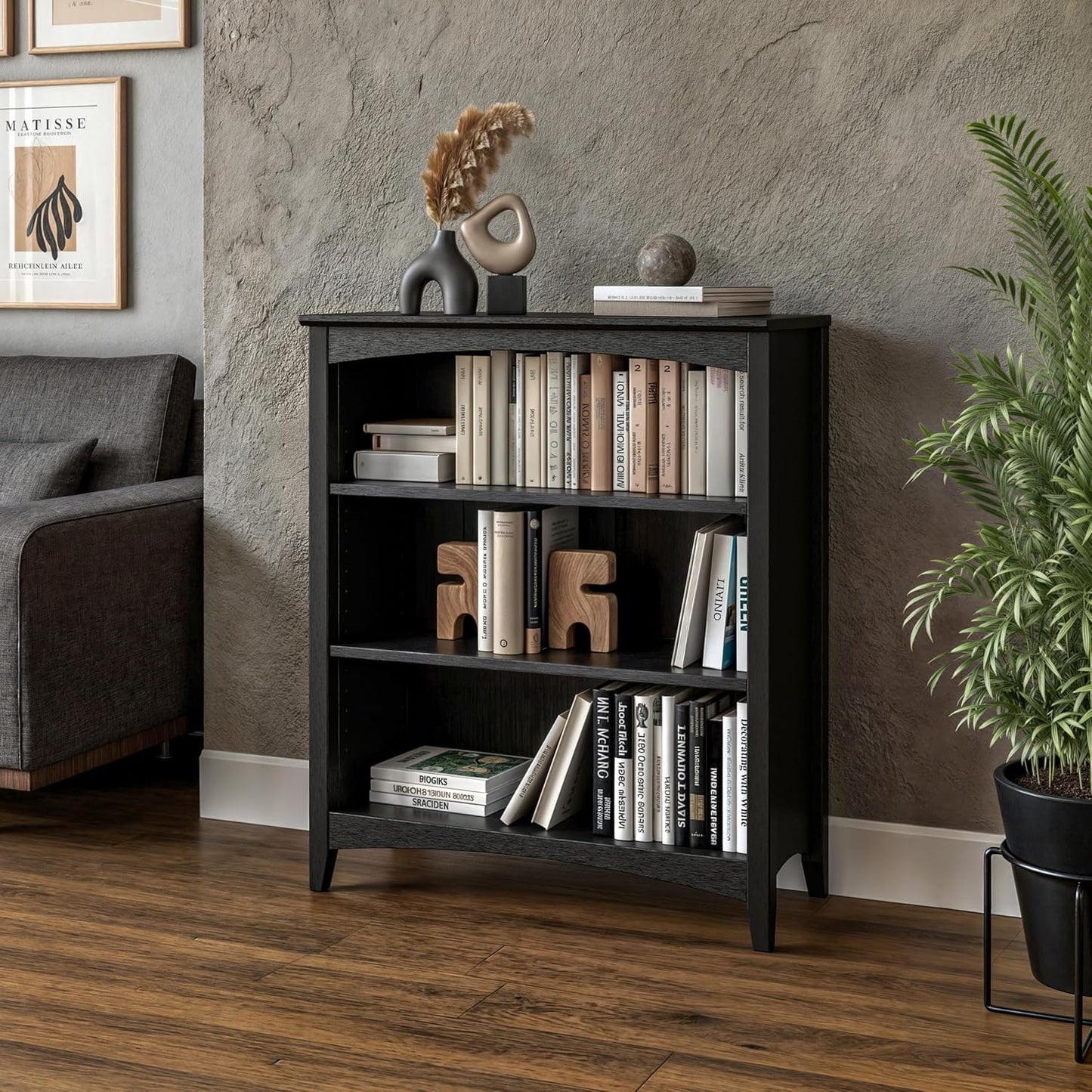 Camaflexi Shaker Style 3 Shelf Bookcase/Solid Wood / 36" High/Adjustable Shelving/Closed Back/Display Bookshelf for Living Room, Bedroom, Home and Office, Black