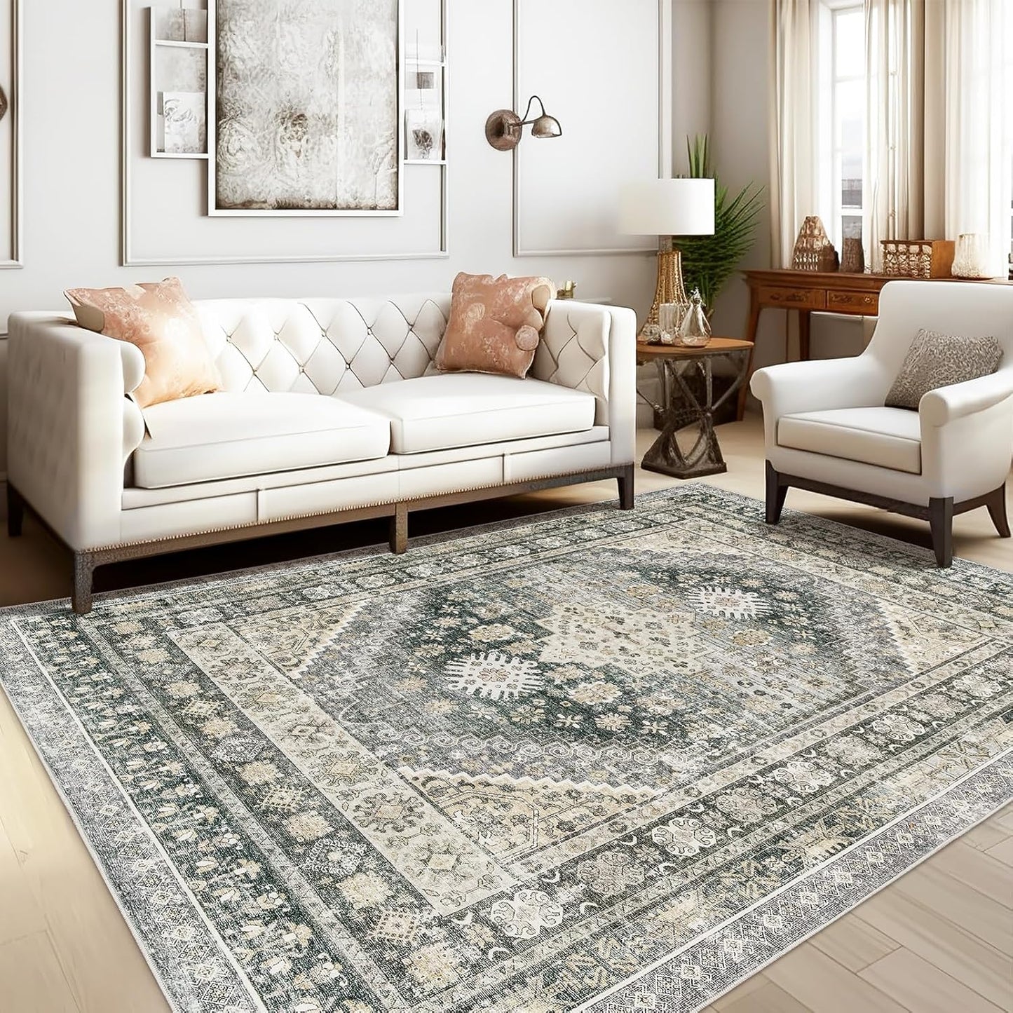 zesthome 8x10 Area Rugs for Living Room,Non-Slip Backing Washable Rugs,Vintage Large Area Rug，Stain Resistant Home Decor Rug (Wheat/Charcoal,8'x10')