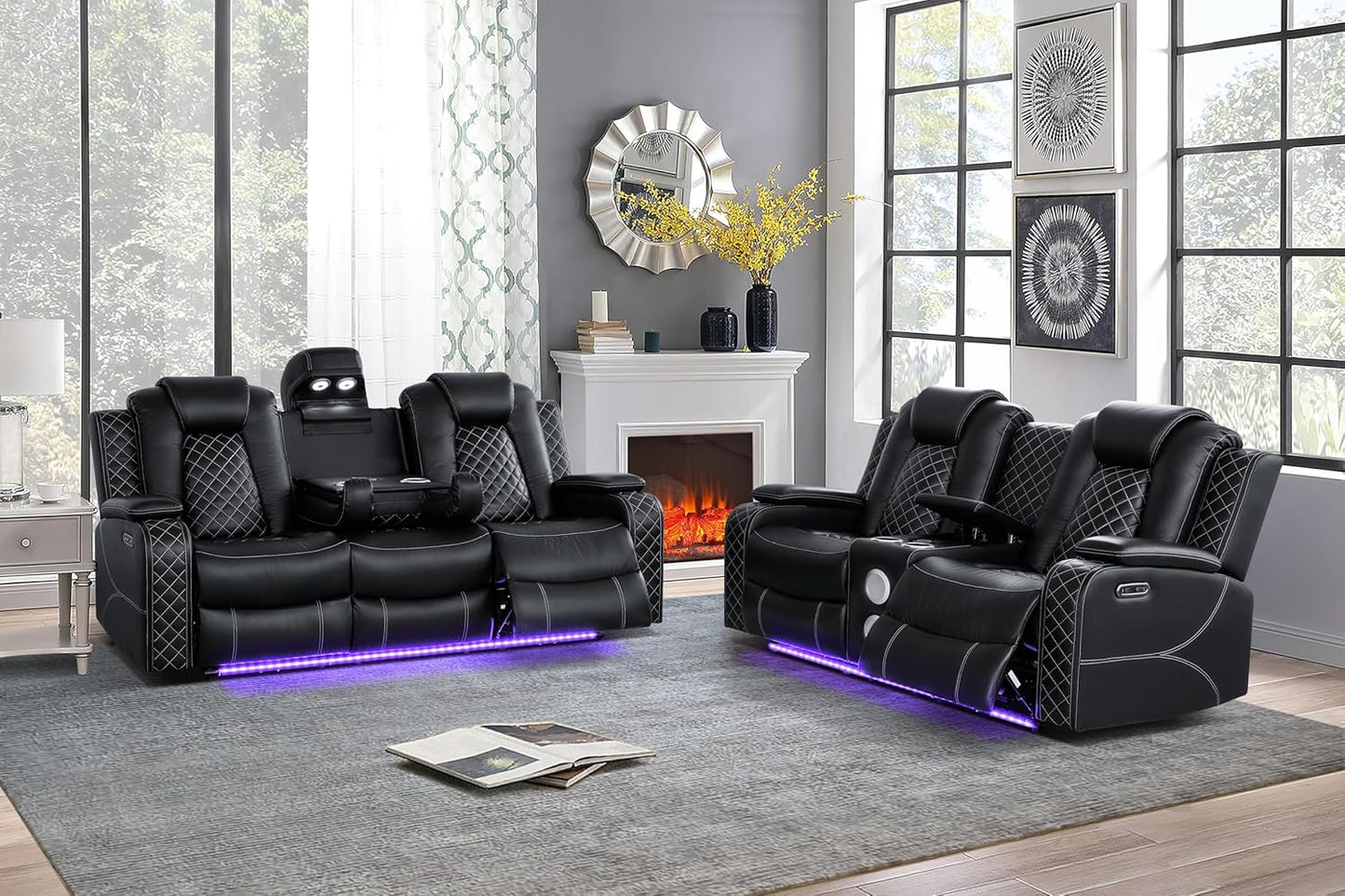 Ball & Cast Power Recliner Sofa Set Leather Reclining Sofa Set Living Room Furniture Set 3PCS Recliner Couch Loveseat and Chair Sets with LED,USB Charging,Cup Holders,Storage Console for Home Theater