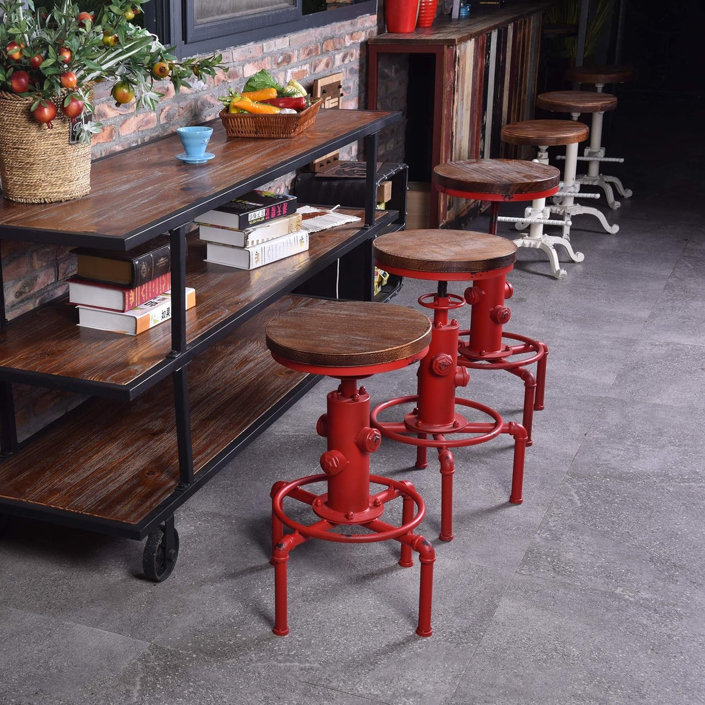 Topower Aged Antique Vintage Industrial Barstool Solid Wood Water Pipe Fire Hydrant Design Cafe Coffee Industrial Bar Stool Set of 2 Antique Red