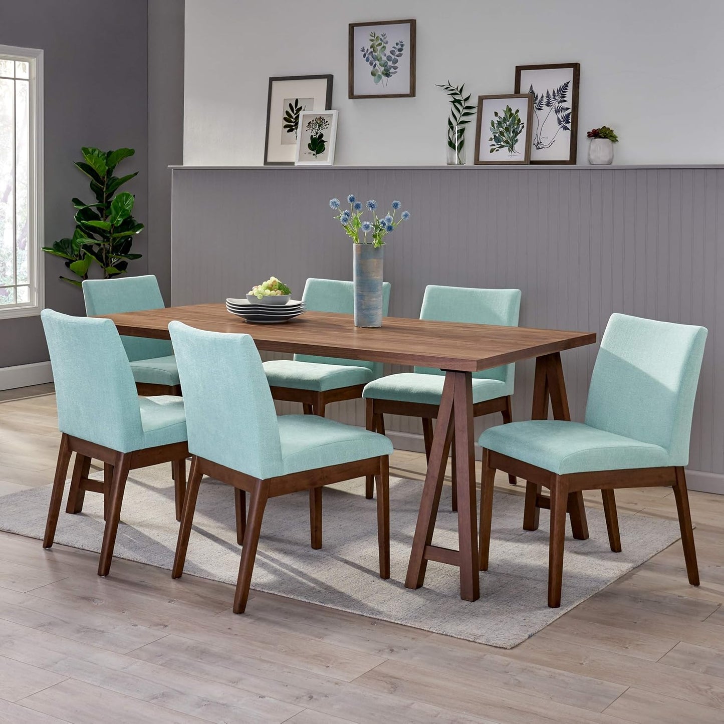 Christopher Knight Home Benson Mid-Century Modern 7 Piece Dining Set, Mint and Walnut