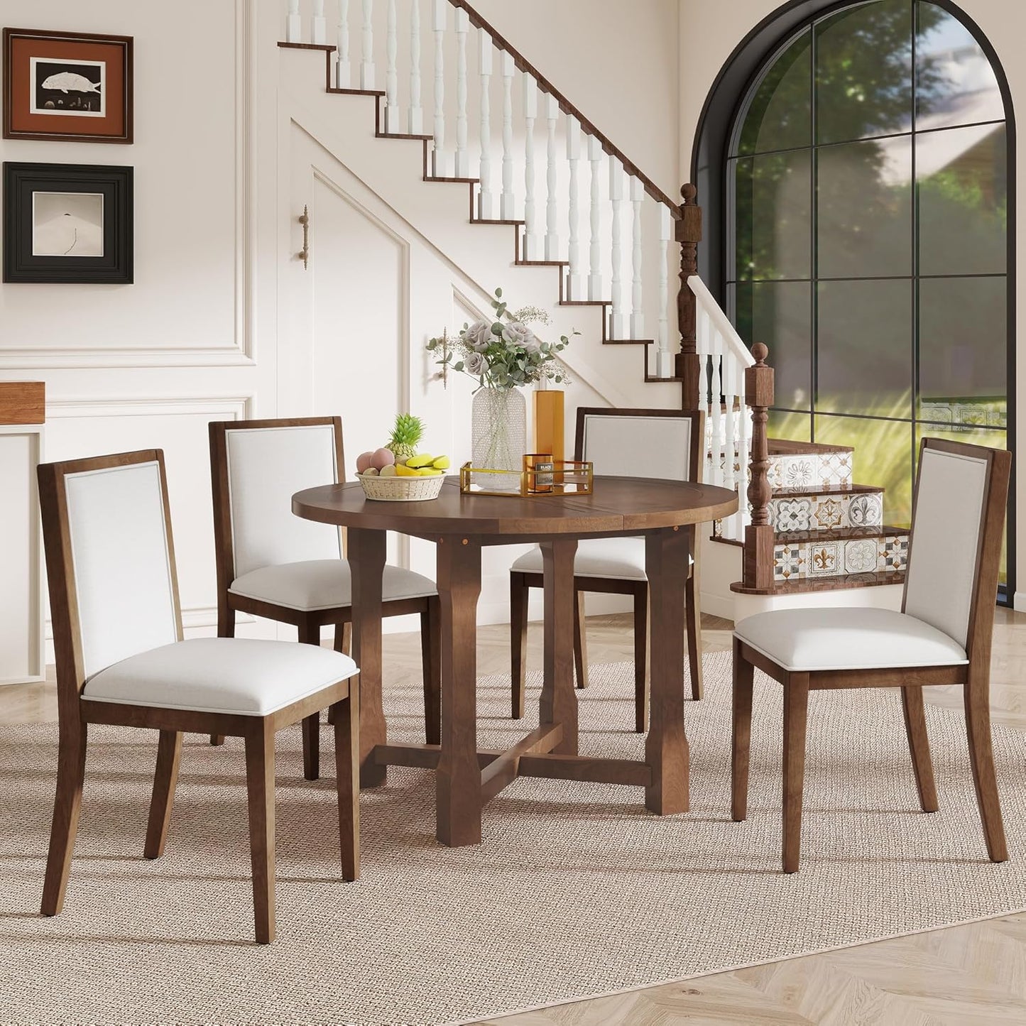 Ball & Cast Farmhouse 5 Pieces Dining Table Set with 4 Upholstered Chairs,Wooden Living Room Furniture for 4 W/ 57.7" Extendable Dining Table,Easy Assemble&Clean,for Dining Room,Bistro,Apartment,Brown