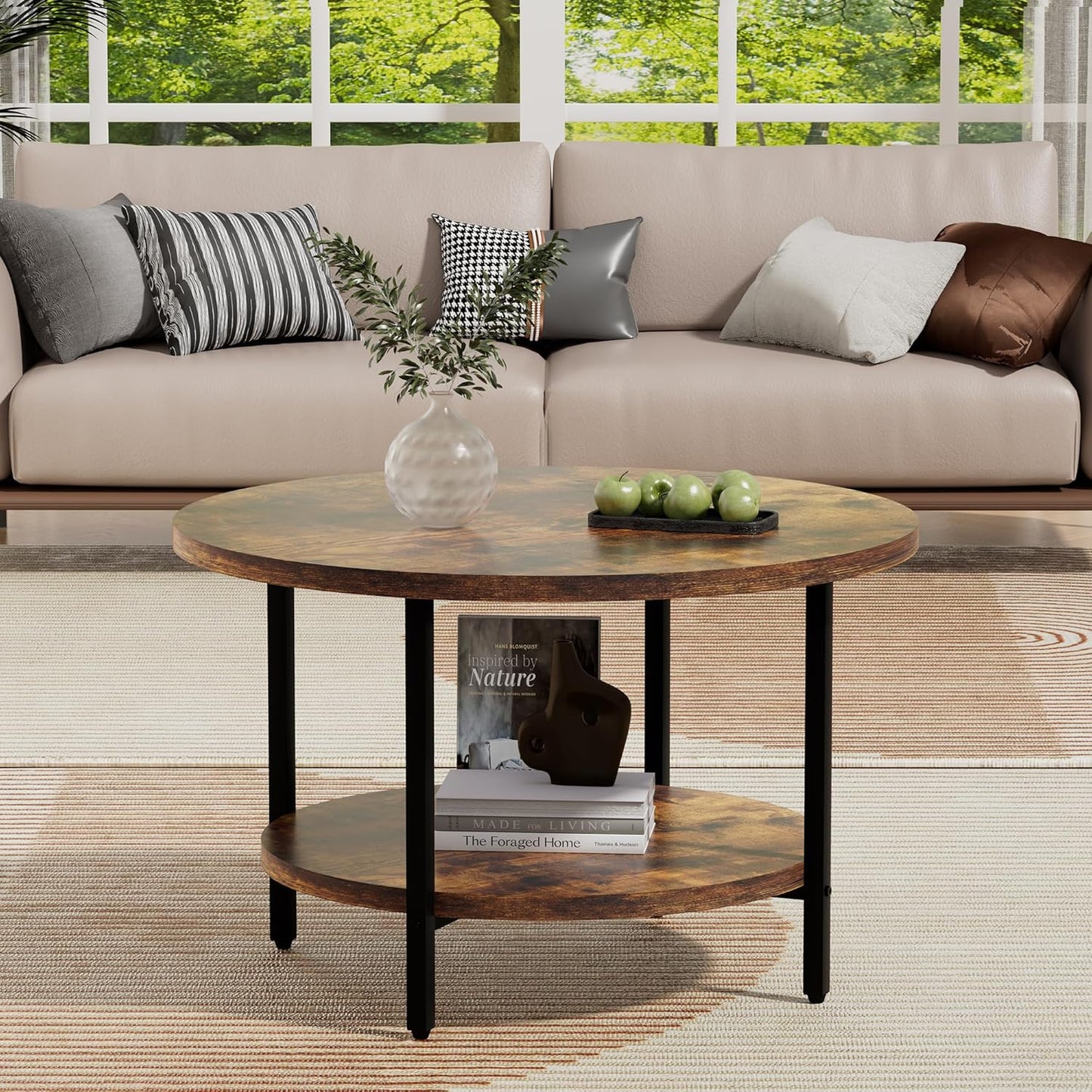 Coffee Table, 2 Tier Coffee Tables for Living Room, Round Coffee Table with Storage, Floor Table for Bedroom, Home Office, Rustic Brown (27.6" D x 17.7" H)