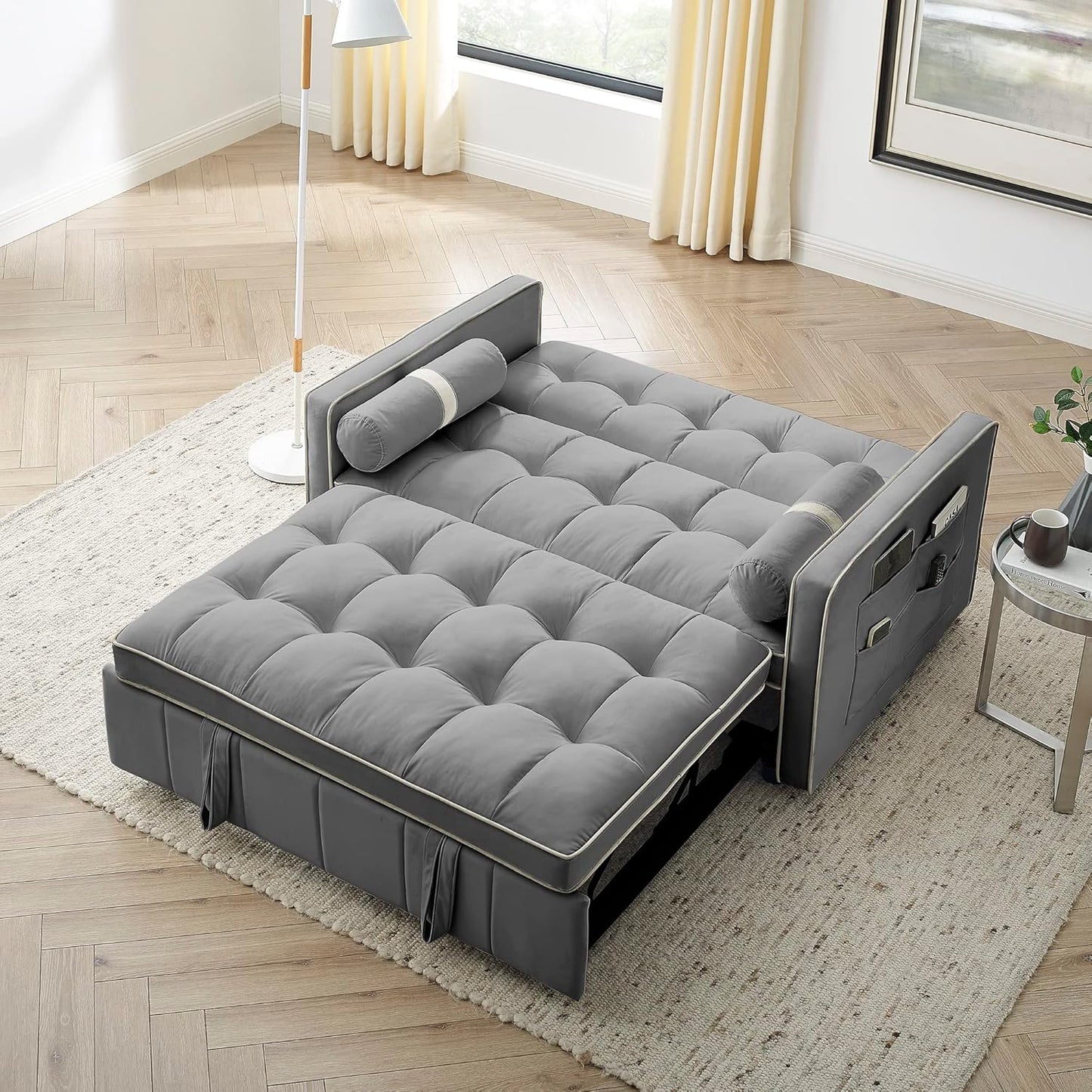 ERYE 3 in 1 Tufted Sleeper Sofa Bed with Cylindrical Pillows,Modern Convertible Loveseat Sofá W Pull Out Sleep Couch Bed and Side Pockets,Velvet Upholstered Love Seat Sofabed for Living Room