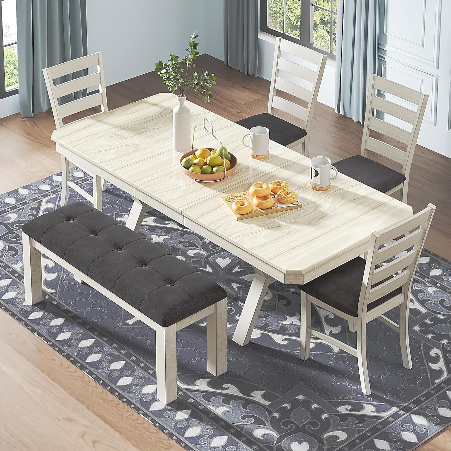 6-Piece Solid Wood Dining Table Set for 6, Modern Breakfast Dinette Kitchen Table with Bench & Chairs for Dining Room, Kitchen, Grey
