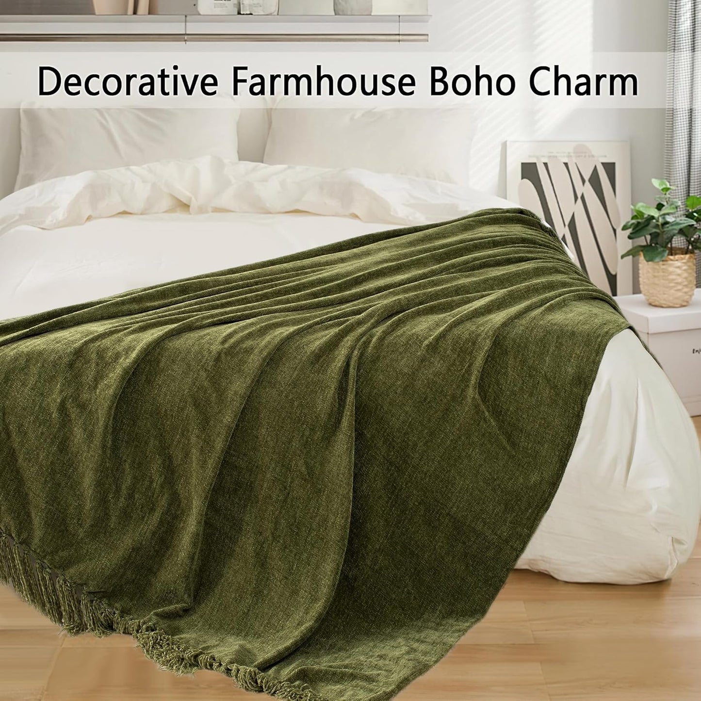 Chenille Throw Blanket for Couch 60"X 80" Twin, Soft Cozy Throws with Fringe Tassel for Bed Sofa Chair Cover, Lightweight Knitted Decorative Boho Blankets for Living Room, Olive Green