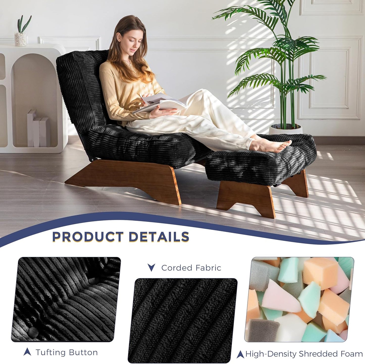 MAXYOYO Accent Chair with Ottoman Adjustable Backrest, Tufted Living Room Chair Upholstered Lounge Chair with Footrest Set, Modern Chair Cozy Reclining for Reading Room, Black