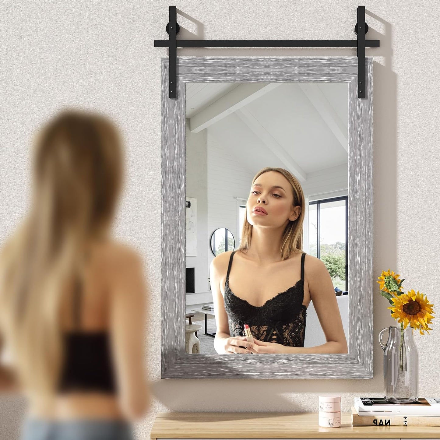 Hasipu Farmhouse Bathroom Mirror, 24"x36" Rustic Wood Framed Wall Mounted Mirror, Gray Vintage Vanity Mirror Barn Door Style Decrative Mirrors