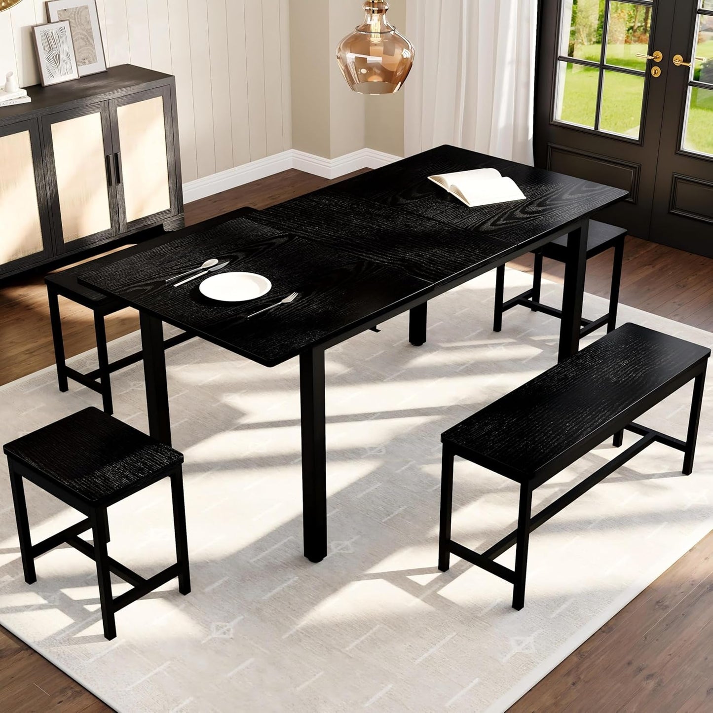 IDEALHOUSE 5-Piece Extendable Dining Table Set for 4-8 People, 63 Inch Kitchen Table with 2 Benches & 2 Stools, Space Saving Modern Dining Room Furniture, Easy Assembly, Black
