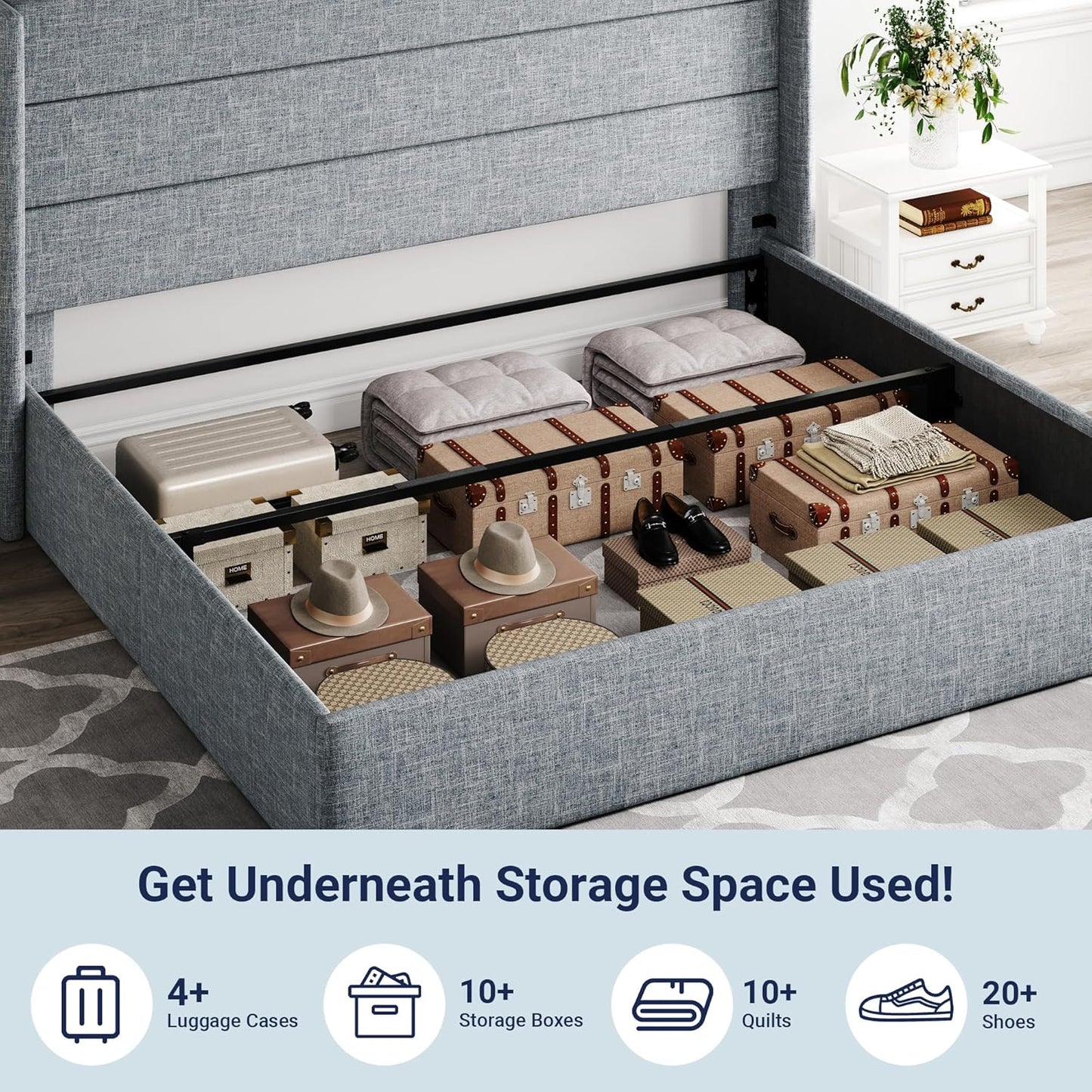 Allewie King Size Lift Up Storage Bed, Modern Wingback Headboard, Hydraulic Support, No Box Spring Needed, Grey Blue