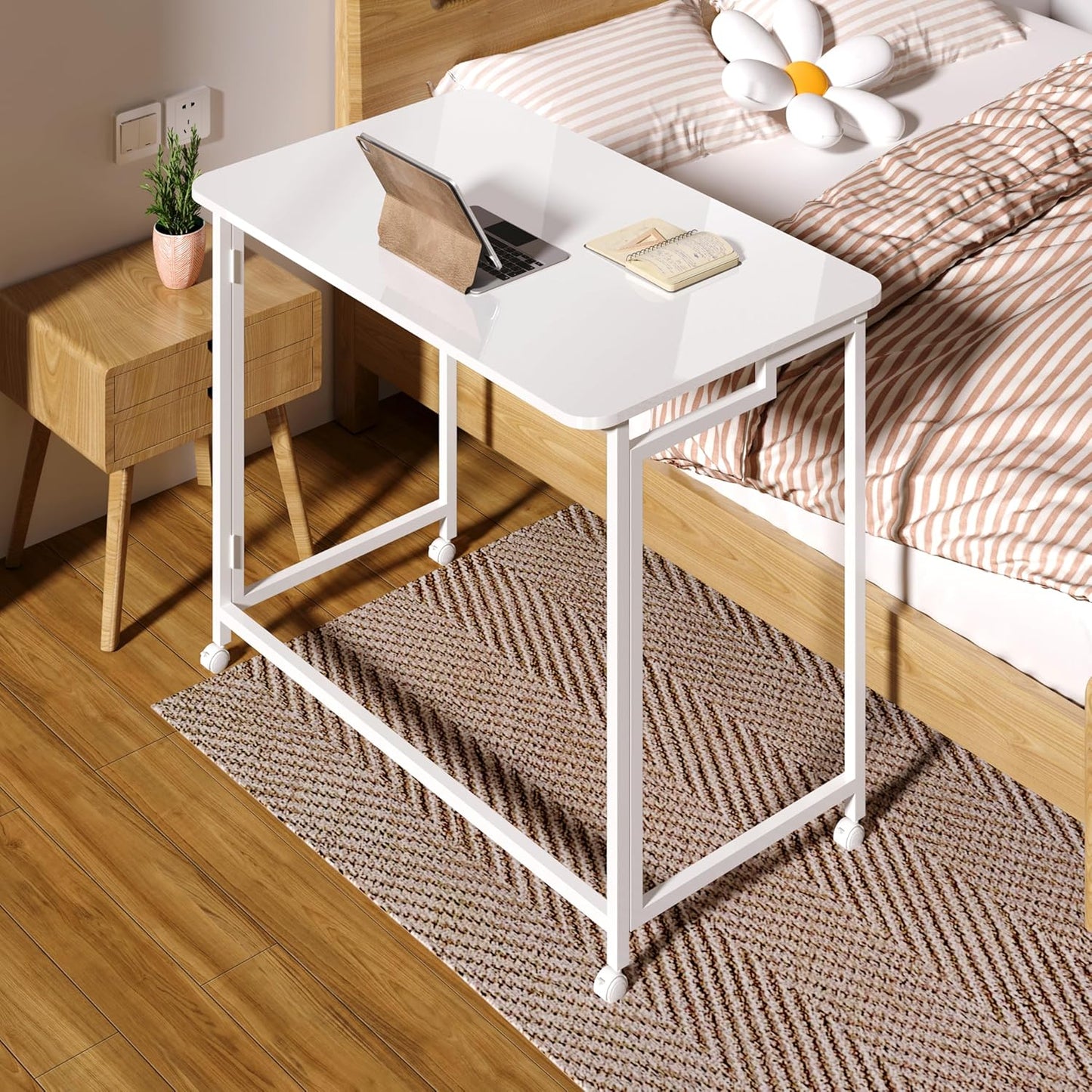 4NM 27.5" Mobile Small Rolling Computer Desk, Folding Laptop Cart Table with Wheels, Portable Office Desk for Small Space Couch Bed - All White