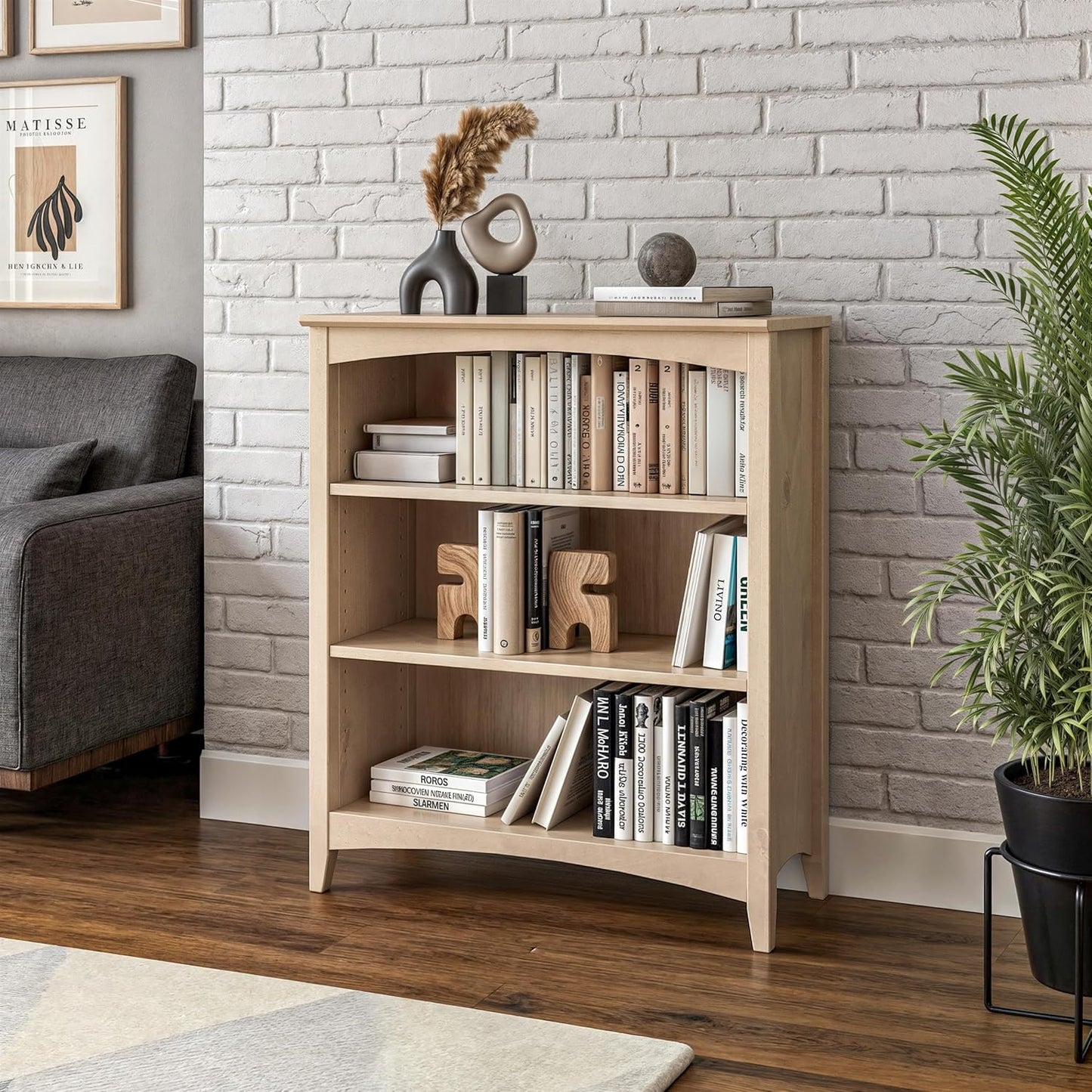 Camaflexi Shaker Style 3 Shelf Bookcase/Solid Wood / 36" High/Adjustable Shelving/Closed Back/Display Bookshelf for Living Room, Bedroom, Home and Office, Light Oak