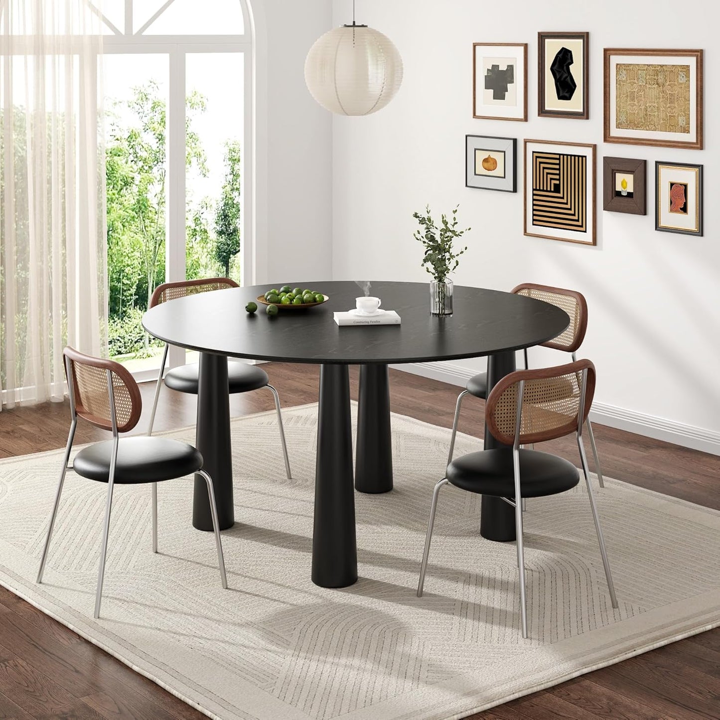 Casaphoria 59" Round Dining Table, Kitchen Table for 6 with Arc-Shaped Edge Top and Cylindrical Legs, Easy Assembly for Living Room, Dining Room, Black