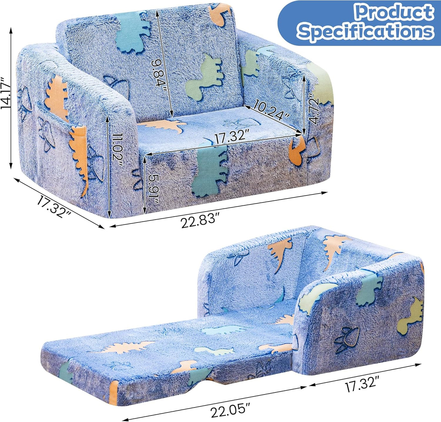 Lamerge 2-in-1 Soft Toddler Couch Fold Out,Foldable Toddler Chair, Glow in The Dark Kids Sofa for playroom,Convertible Foam and Floor Cushion for Boys and Girls (Blue and Dinosaur)