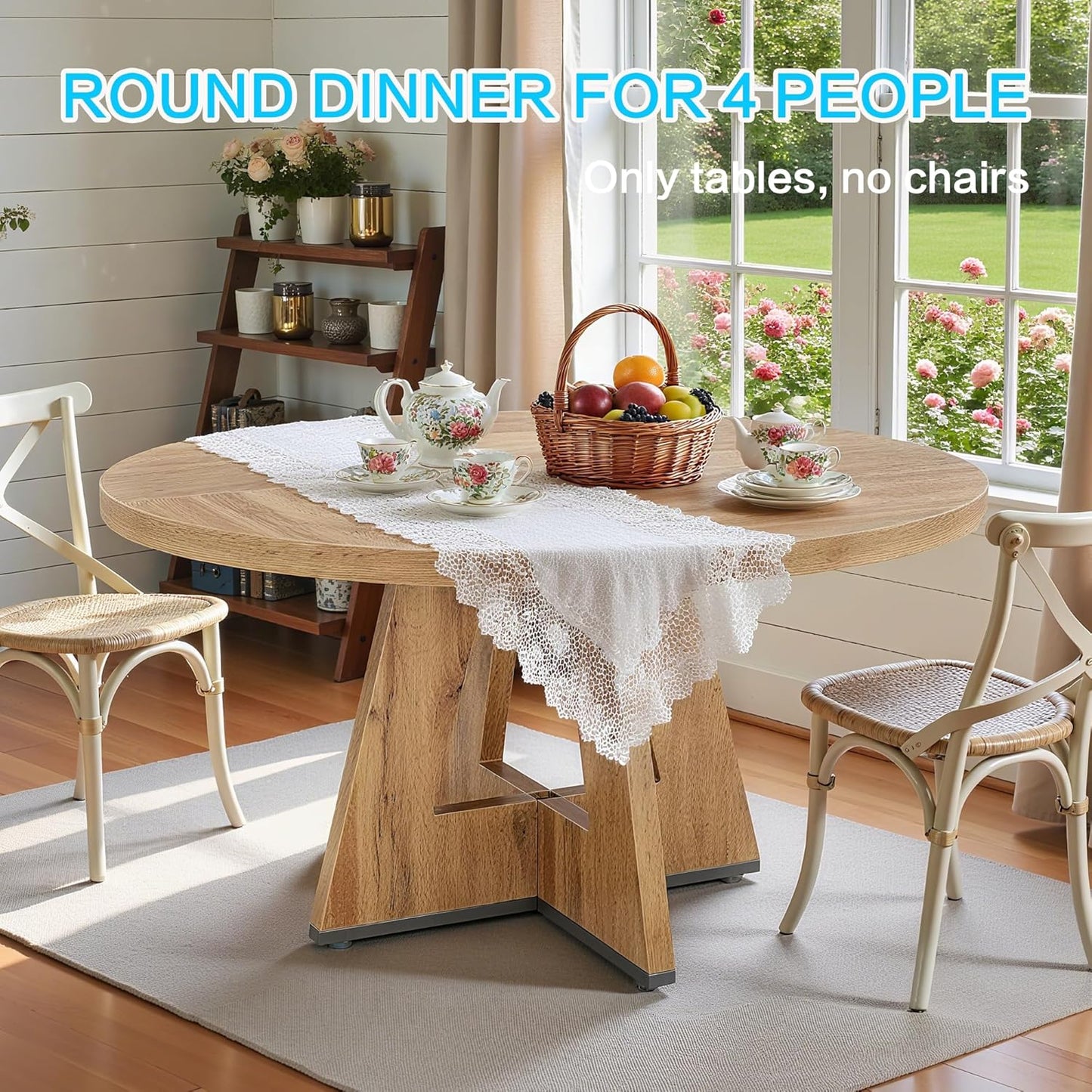 47" Round Dining Table for 4-6, Modern Dinner Table Farmhouse Round Small Kitchen Tables with Wooden Cross Base for Dining Room, Kitchen, Living Room, Retro Brown