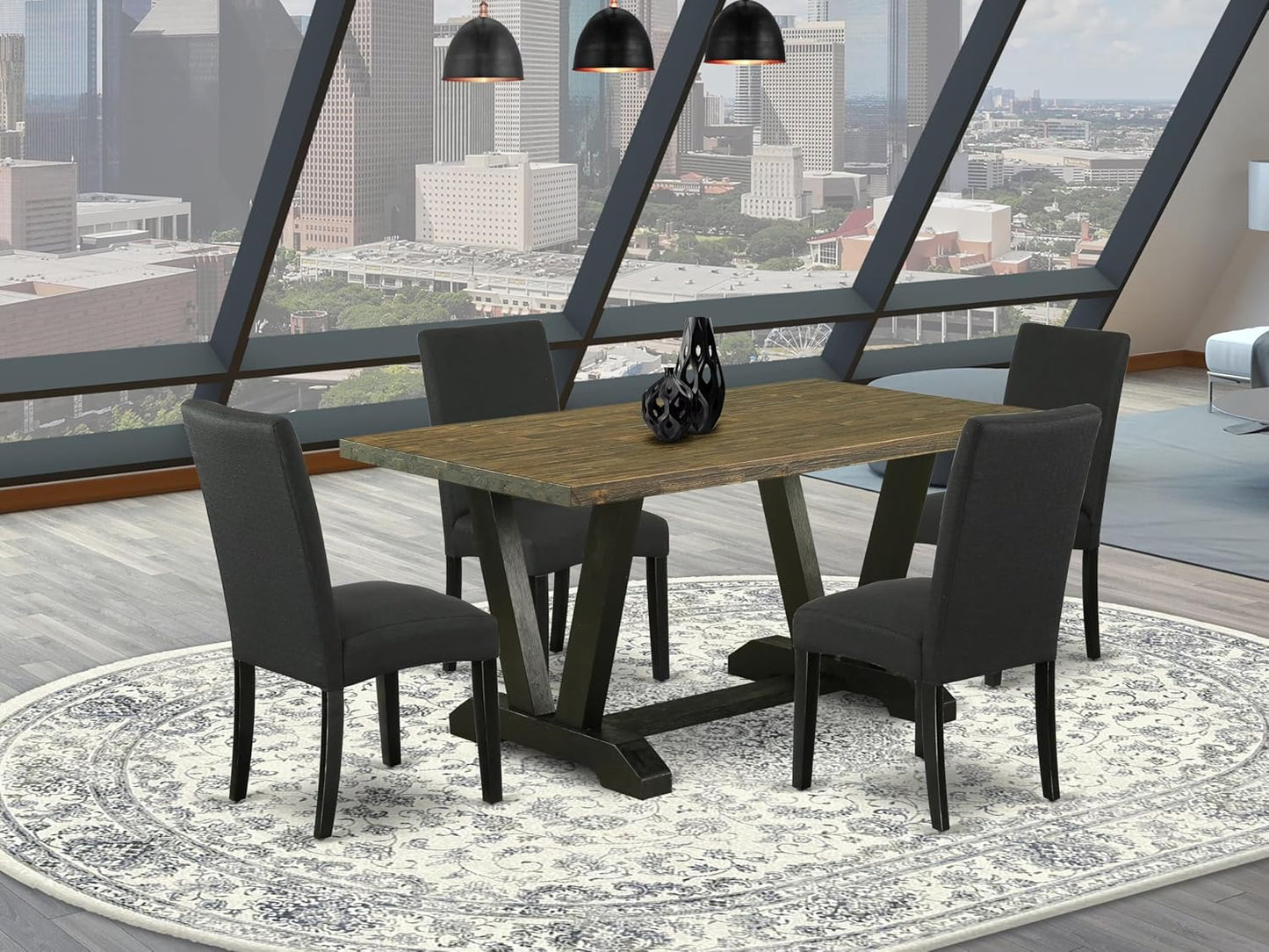 East West Furniture V676DR124-5 5 Piece Dinette Set for 4 Includes a Rectangle Dining Table with V-Legs and 4 Black Color Linen Fabric Parson Dining Room Chairs, 36x60 Inch, Multi-Color