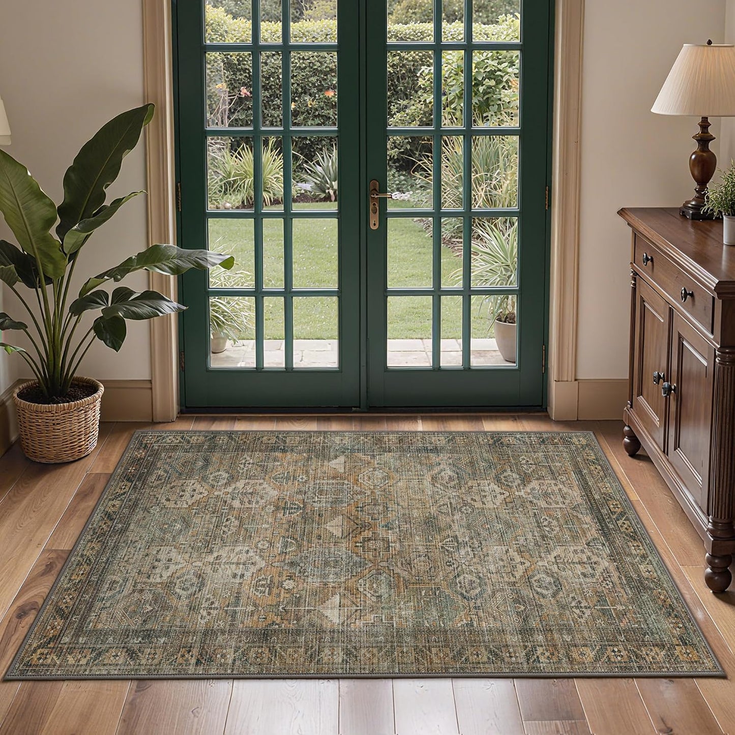 GENIMO 2x3 Area Rugs for Living Room, Machine Washable Non Slip Vintage Rugs, Low Pile Lightweight Chenille Print Rug for Bedroom, Dining Room, Home Office, Warm Taupe