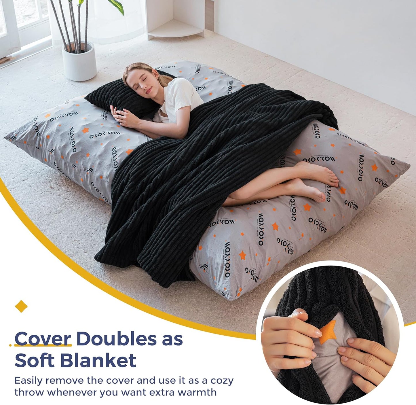 MAXYOYO Giant Bean Bag Chair with Pillow, 3 in 1 Convertible Bean Bag Chair for Adults with Washable Cover, Removable Floor Cushion Stuffed Floor Lounger for Living Room Bedroom, Black, Full