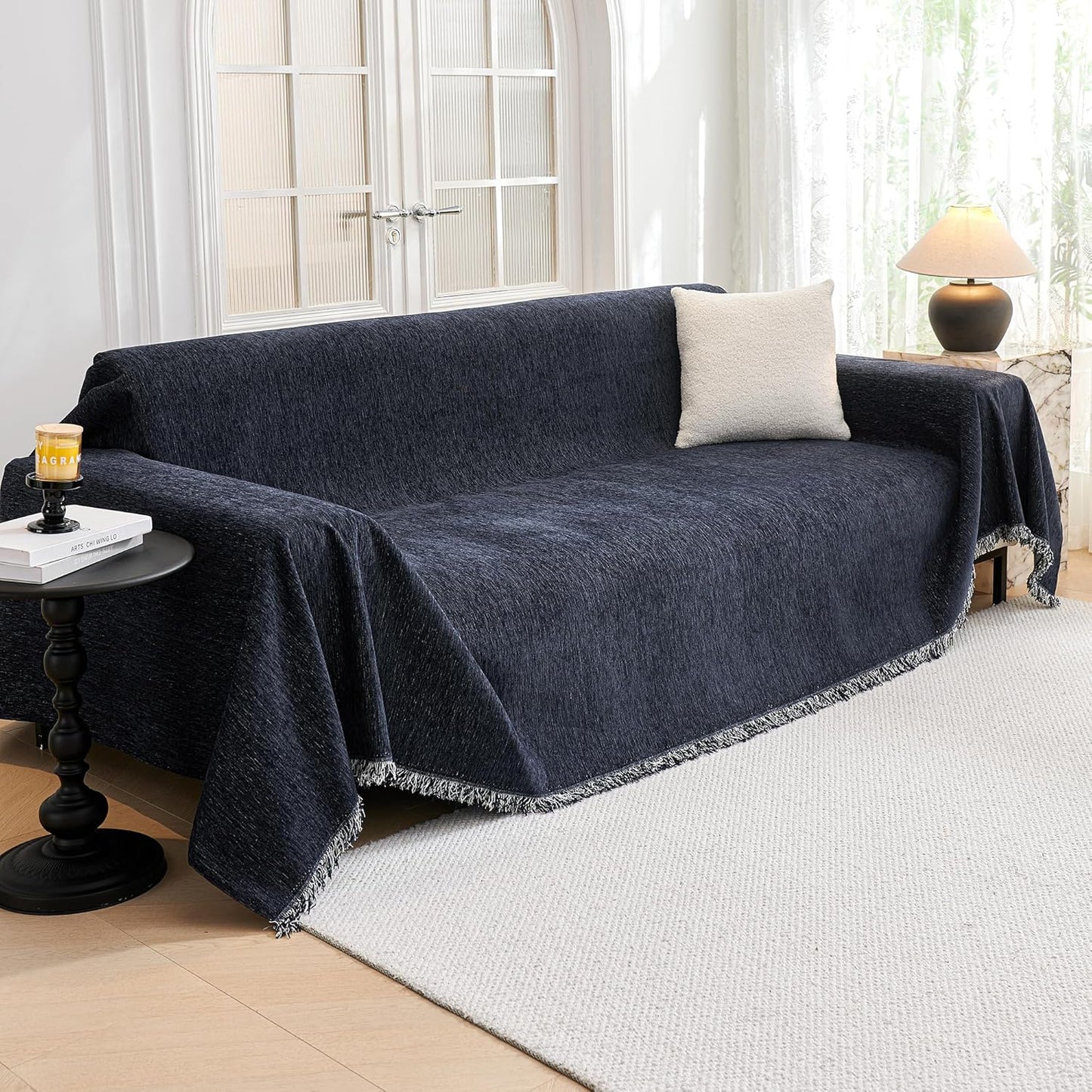 MYSKY HOME Oversized Couch Cover Sofa Covers Couch Covers for 3 Cushion Couch Sofa Pet Friendly L Shaped Couch Cover Sectional Couch Cover Non Slip Furniture Protector for Kids, 91"x150", Navy Blue