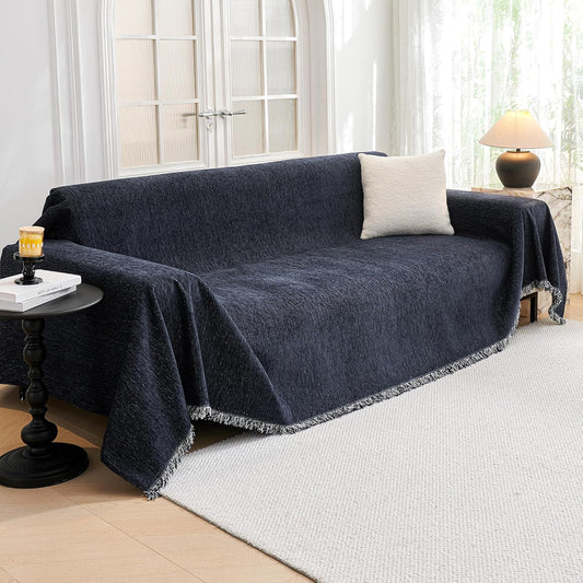 MYSKY HOME Couch Cover for Dogs, Washable Couch Covers, Non Slip Dogs Furniture Protector with Tassels, Chenille, Navy Blue, 71"x102"