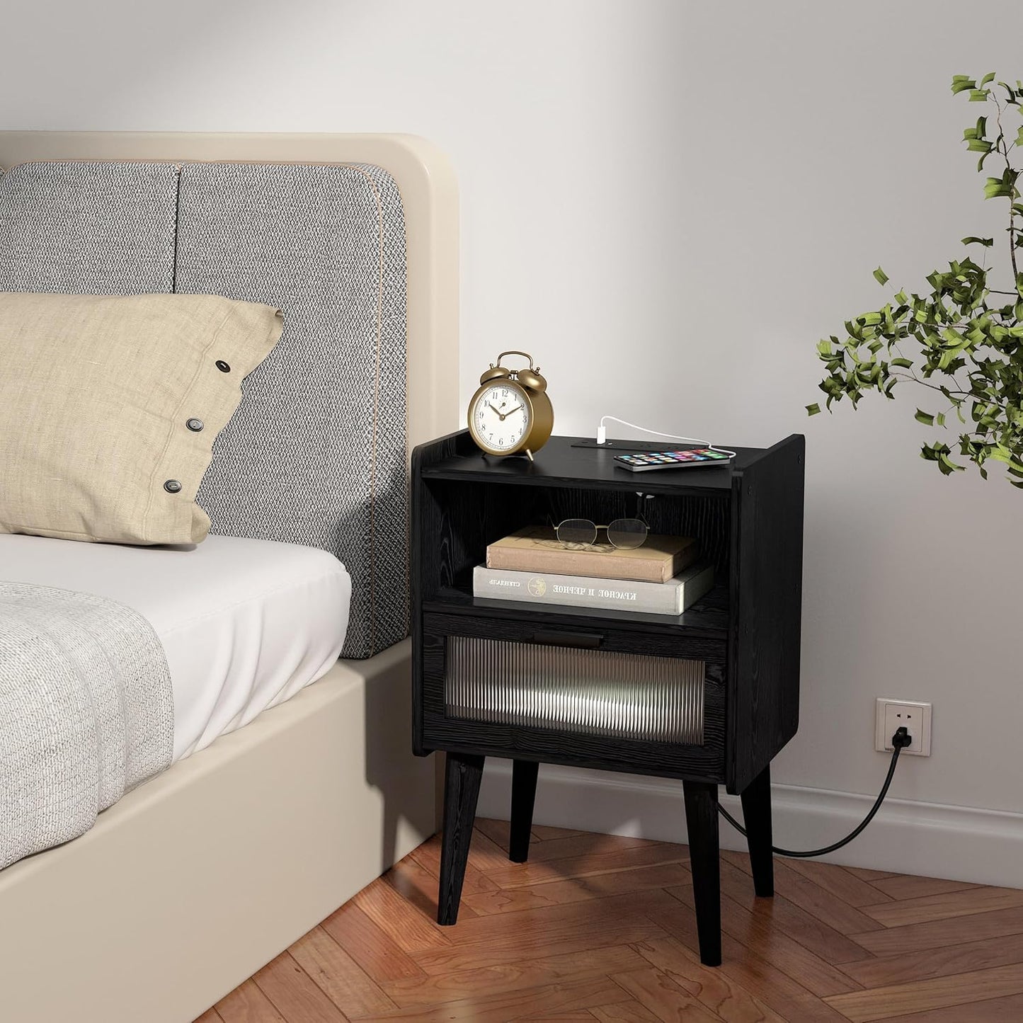 Nightstand with Charging Station, Bedside Tables with Glass Decorative Door, Black Wood Grain End Table, Side Table with 2 Tiers Storage Space for Bedroom Living Room CAMLBZ07XE