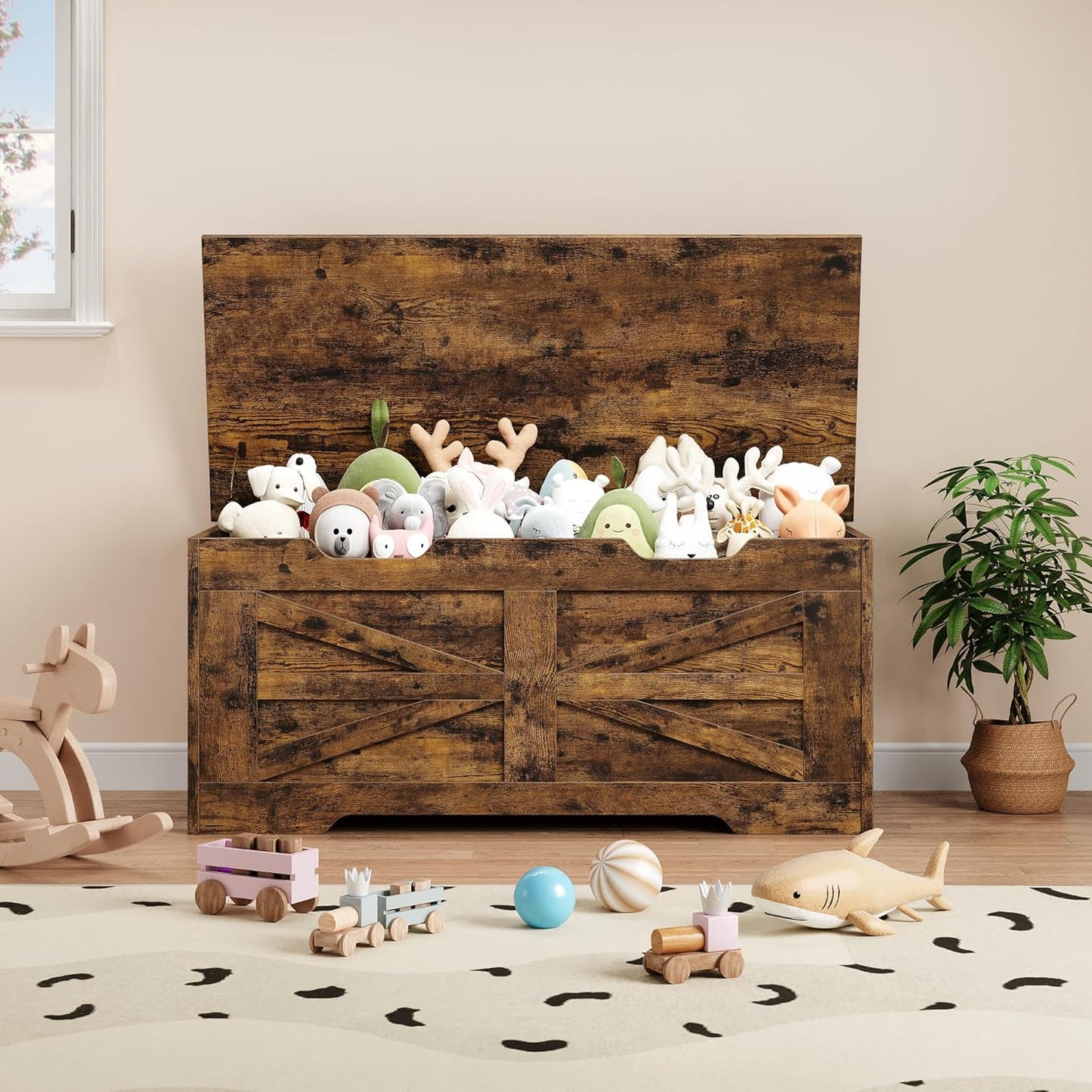 GarveeHome 39.4" Storage Chest, Toy Chest With Lids, Entryway Storage Bench with Safety Hinge, Wooden Storage Trunk, Supports 350 Lb, for Living Room, Bedroom, Rustic Brown