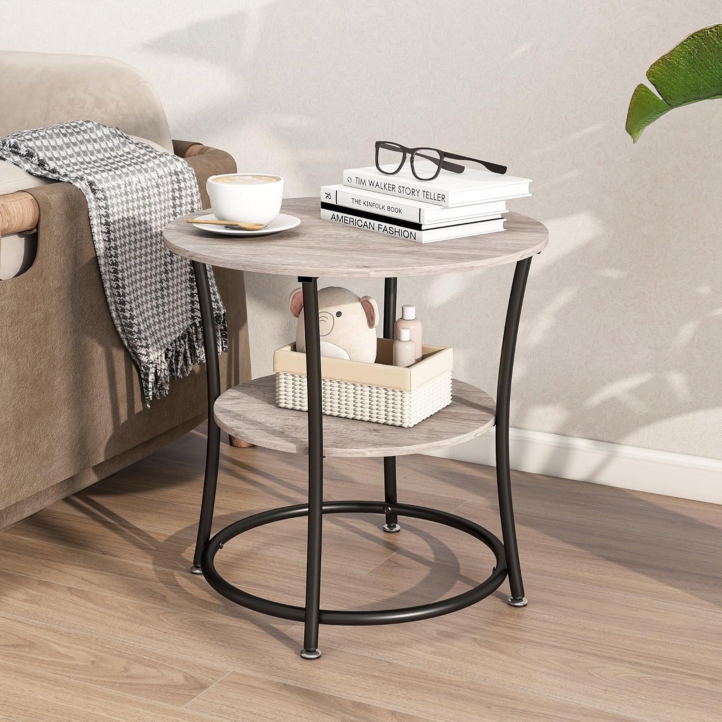 BOFENG Round Coffee Table Side Table,Round End Table with 2 Storage Shelves for Living Room, Bedroom,Small Space,Coffee Table Nightstand with Sturdy Metal Frame,Easy Assembly,Black+Grey